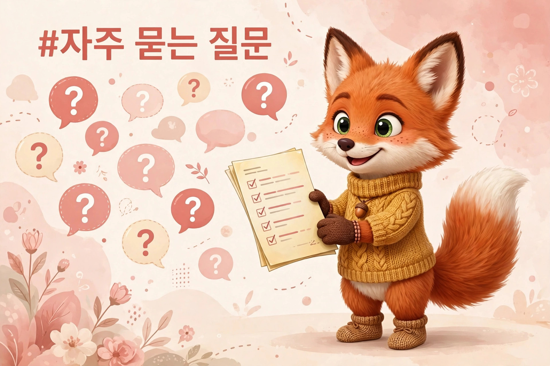 귀여운 여우 캐릭터가 체크리스트를 들고 있는 이미지, 배경에는 질문 마크가 있는 말풍선과 꽃이 장식되어 있음. "자주 묻는 질문"이라는 텍스트가 강조되어 있음.