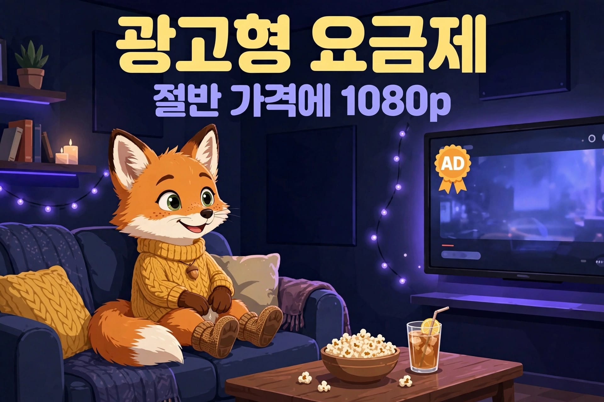 귀여운 여우 캐릭터가 아늑한 거실 소파에 앉아 TV를 바라보며 팝콘과 음료를 즐기는 모습. "광고형 요금제, 절반 가격에 1080p"라는 텍스트가 화면에 표시되어 있음.
