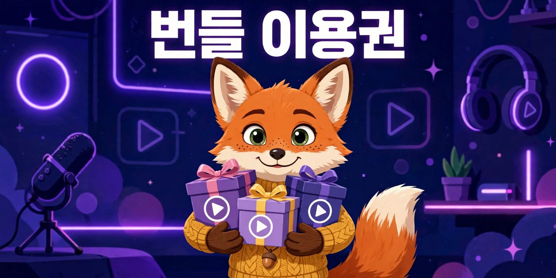 귀여운 여우 캐릭터가 다양한 색상의 선물 상자를 들고 있는 이미지로, 배경에는 마이크와 미디어 아이콘이 있는 현대적인 디자인이 특징입니다.