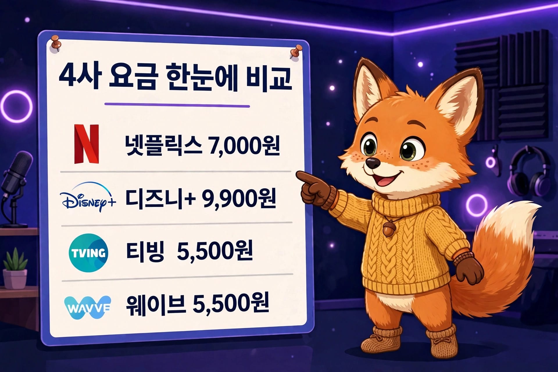 넷플릭스, 디즈니+, 티빙, 웨이브의 월 구독 요금을 비교하는 귀여운 여우 캐릭터가 있는 이미지. 각 서비스의 요금은 넷플릭스 7,000원, 디즈니+ 9,900원, 티빙 5,500원, 웨이브 5,500원으로 표시되어 있음. 배경은 현대적인 분위기의 스튜디오.