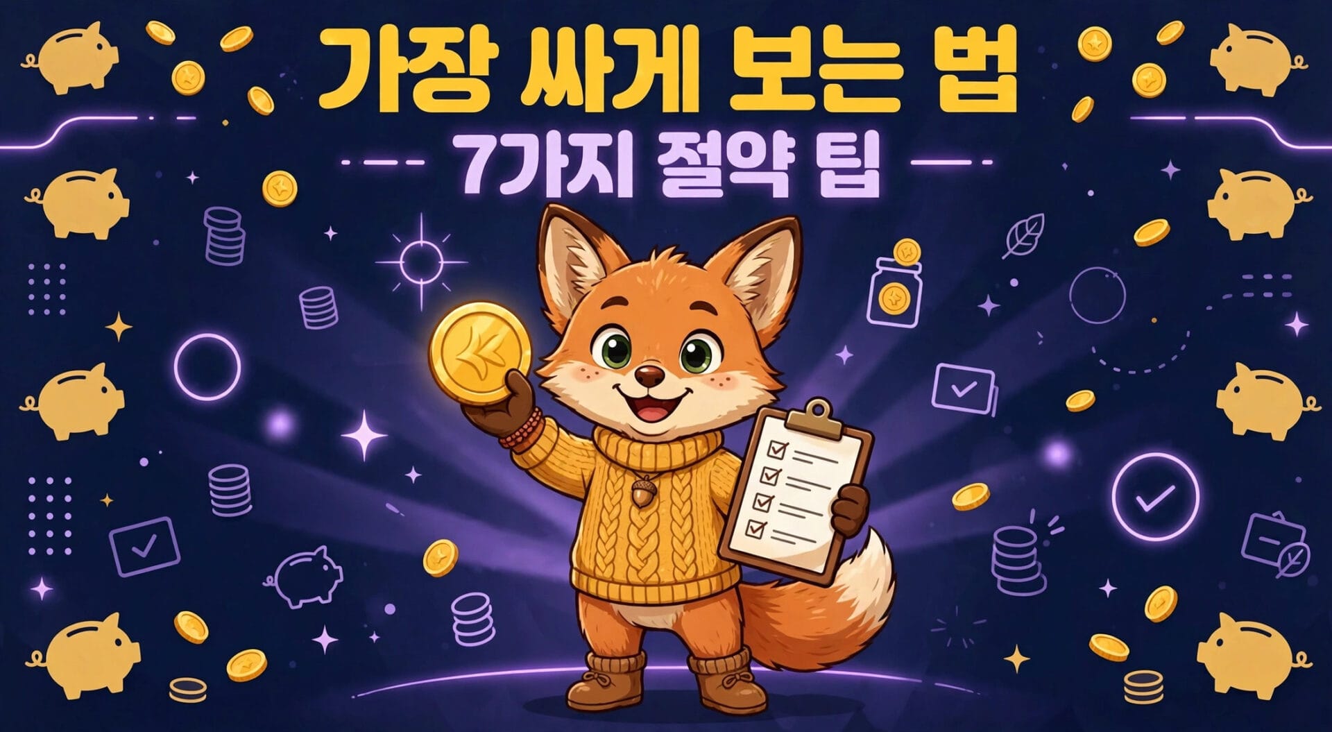 재정 관리와 절약을 주제로 한 귀여운 여우 캐릭터가 체크리스트와 동전을 들고 있는 이미지. "가장 싸게 보는 법: 7가지 절약 팁"이라는 텍스트가 포함되어 있으며, 배경에는 저금통, 동전, 체크 아이콘 등이 흩어져 있다.