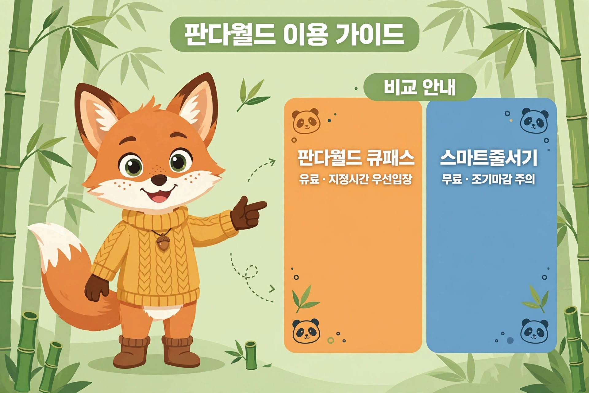 판다월드 이용 가이드를 설명하는 이미지로, 귀여운 여우 캐릭터가 큐패스와 스마트줄서기의 차이를 안내하고 있다. 큐패스는 유료 서비스로 지정시간 우선입장을 제공하며, 스마트줄서기는 무료로 조기마감 주의가 필요함을 강조하고 있다. 배경에는 대나무가 그려져 있어 판다월드의 테마를 잘 나타내고 있다.