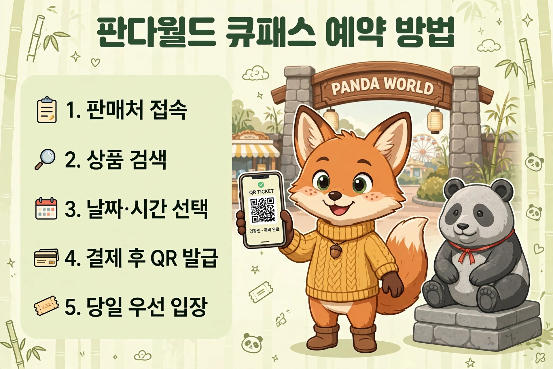 판다월드 큐패스 예약 방법을 설명하는 이미지, 귀여운 여우 캐릭터가 QR 코드를 들고 있으며, 배경에는 판다 조각상과 판다월드 입구가 보임. 예약 과정은 1. 판매처 접속 2. 상품 검색 3. 날짜·시간 선택 4. 결제 후 QR 발급 5. 당일 우선 입장으로 구성됨.