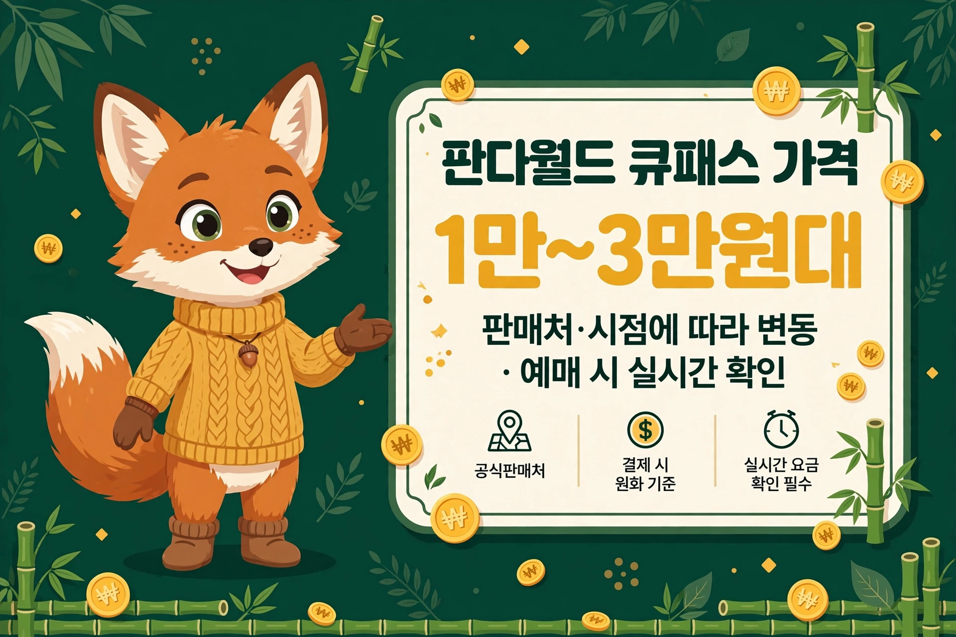판다월드 큐패스 가격 안내 이미지, 가격 범위 1만~3만원, 예매 시 실시간 확인 필요, 공식 판매처와 결제 기준 관련 정보 포함.