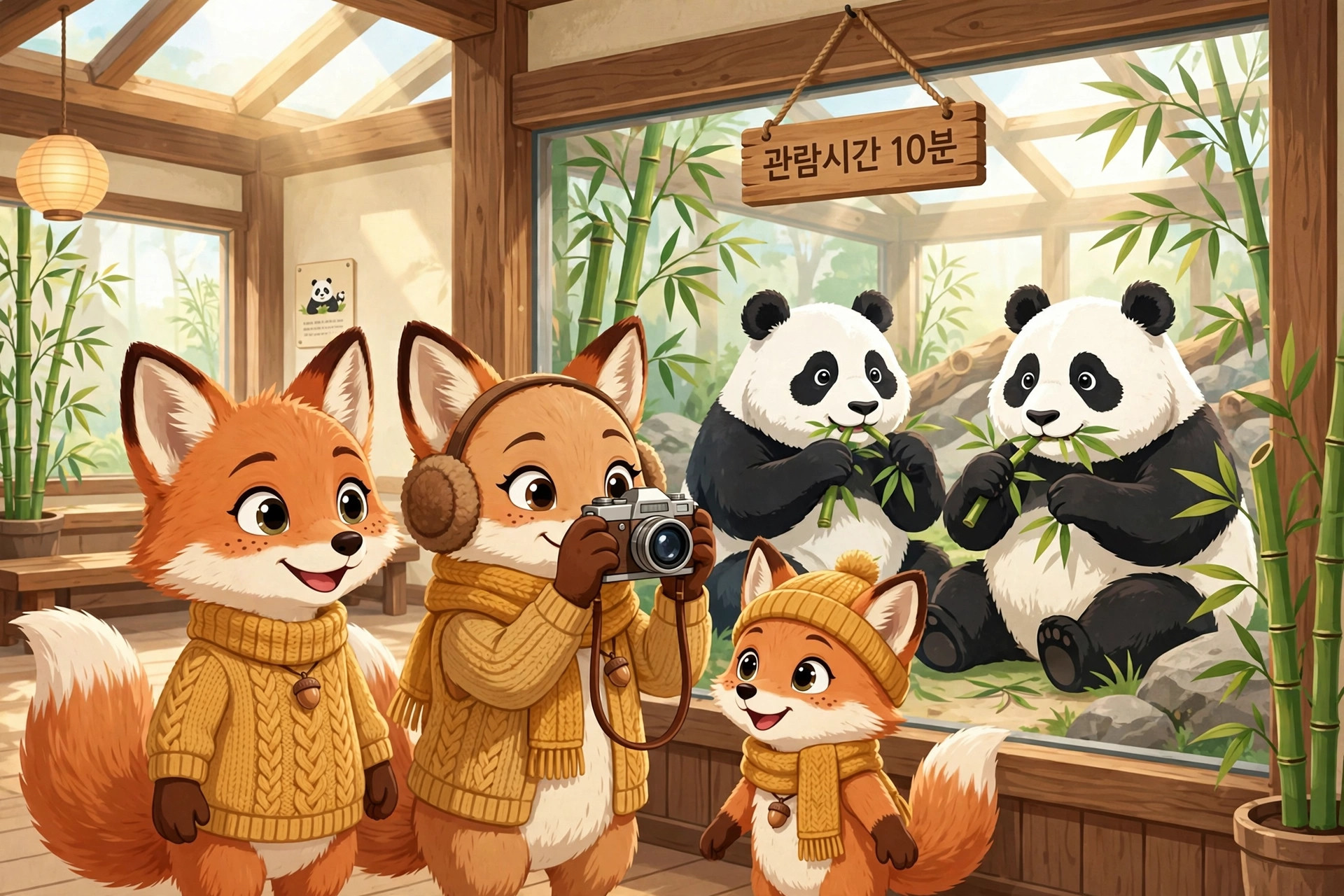 판다월드에서 관람하는 여우 캐릭터들이 카메라를 들고 있는 모습과 대나무를 먹고 있는 판다들, 그리고 "관람시간 10분"이라는 표지판이 있는 실내 전경.