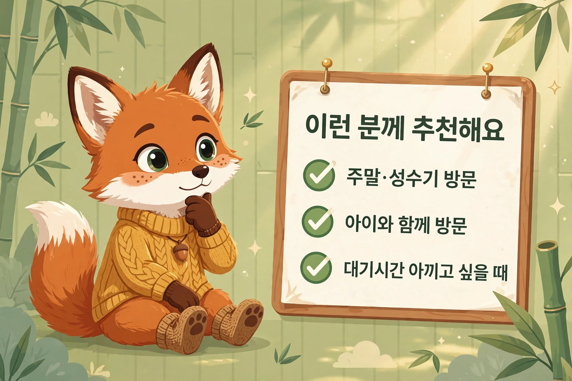 귀여운 여우 캐릭터가 체크리스트와 함께 앉아 있는 이미지, 판다월드 큐패스 예약 방법과 관련된 추천 방문 시기를 안내하는 내용.