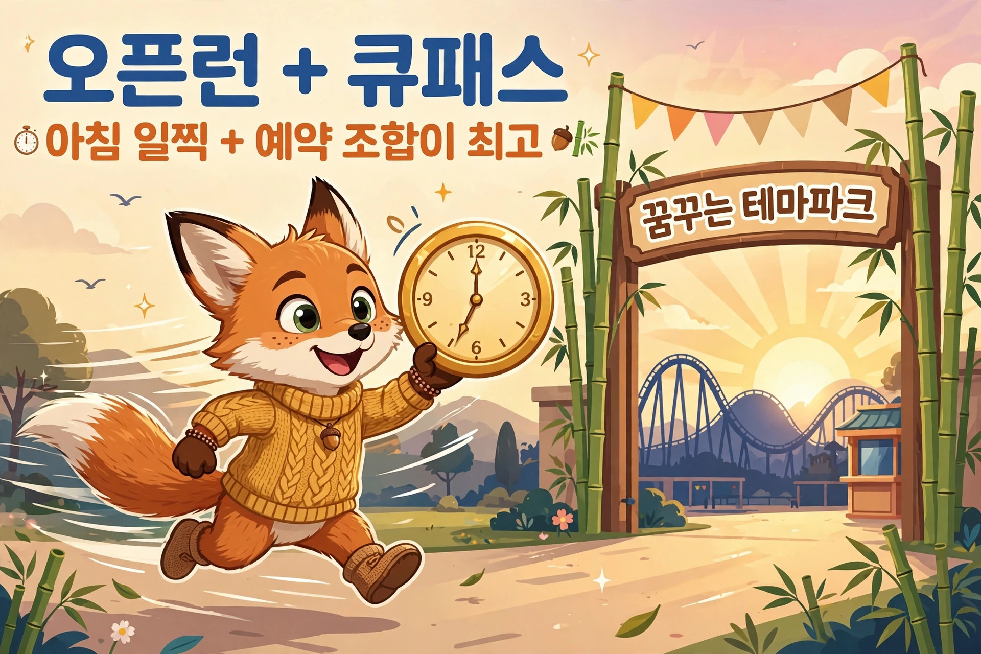 판다월드 큐패스 예약 방법을 안내하는 이미지로, 귀여운 여우가 시계를 들고 뛰어가는 모습이 담겨 있으며, 배경에는 테마파크 입구와 롤러코스터가 보인다. "오픈런 + 큐패스"라는 텍스트와 함께 아침 일찍 예약하는 방법에 대한 정보를 전달한다.