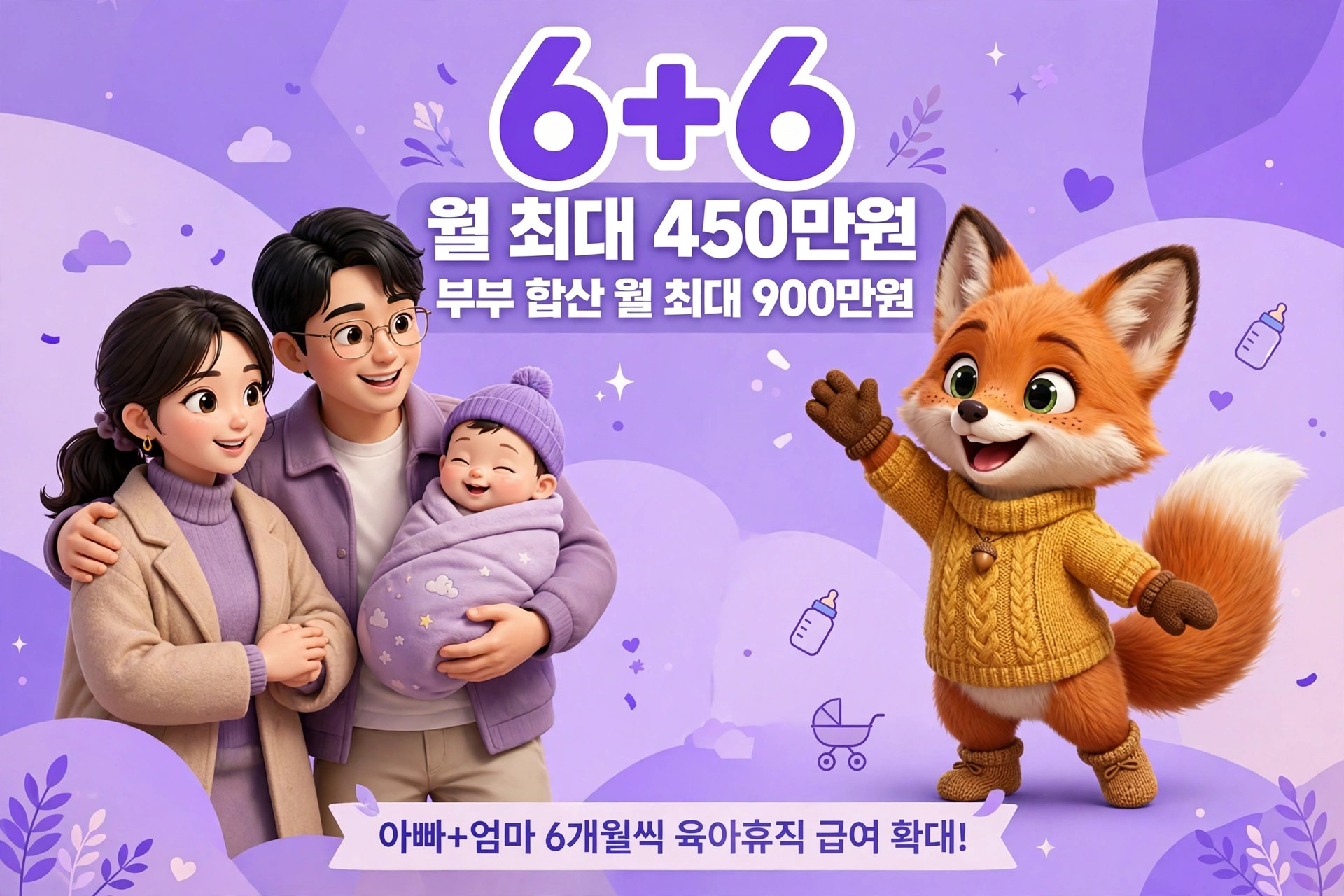 가족과 아기, 귀여운 여우 캐릭터가 등장하는 이미지로, 월 최대 450만원 지원과 부부 합산 900만원 지원을 홍보하는 내용. 육아휴직 지원 확대를 강조하며 따뜻한 분위기를 전달.