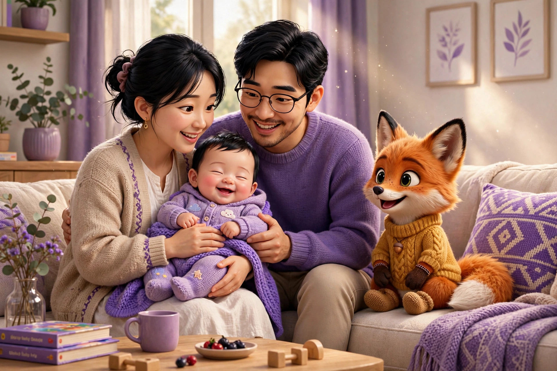 사랑스러운 가족이 아기와 함께 행복한 순간을 보내고 있는 모습. 부모는 보라색 옷을 입고 아기를 안고 있으며, 옆에는 귀여운 여우 인형이 앉아 있다. 집 안은 따뜻한 분위기로 꾸며져 있다.