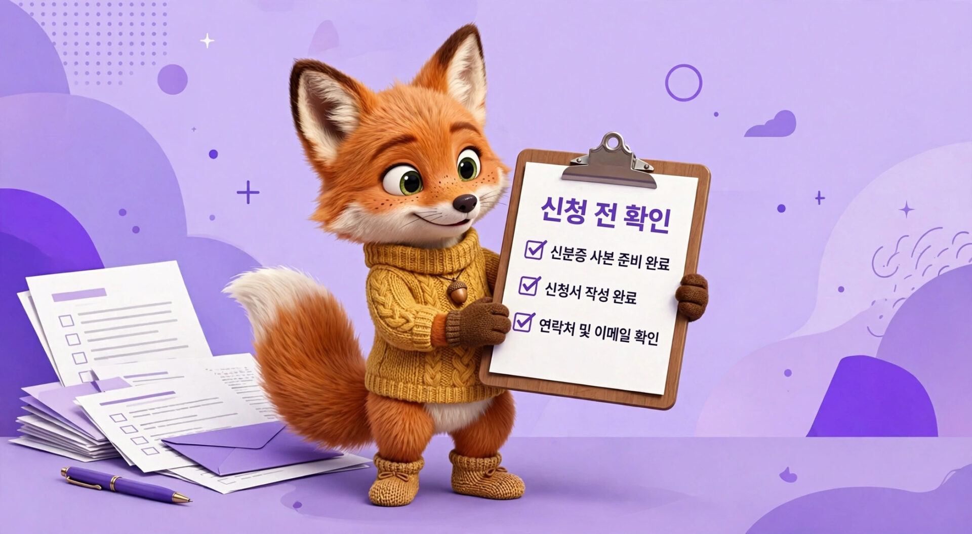귀여운 여우 캐릭터가 체크리스트를 들고 있으며, "신청 전 확인"이라는 제목 아래 세 가지 항목이 나열되어 있는 이미지. 배경은 보라색 톤으로 구성되어 있어 현대적인 느낌을 주며, 신청서 및 문서가 주변에 배치되어 있음.