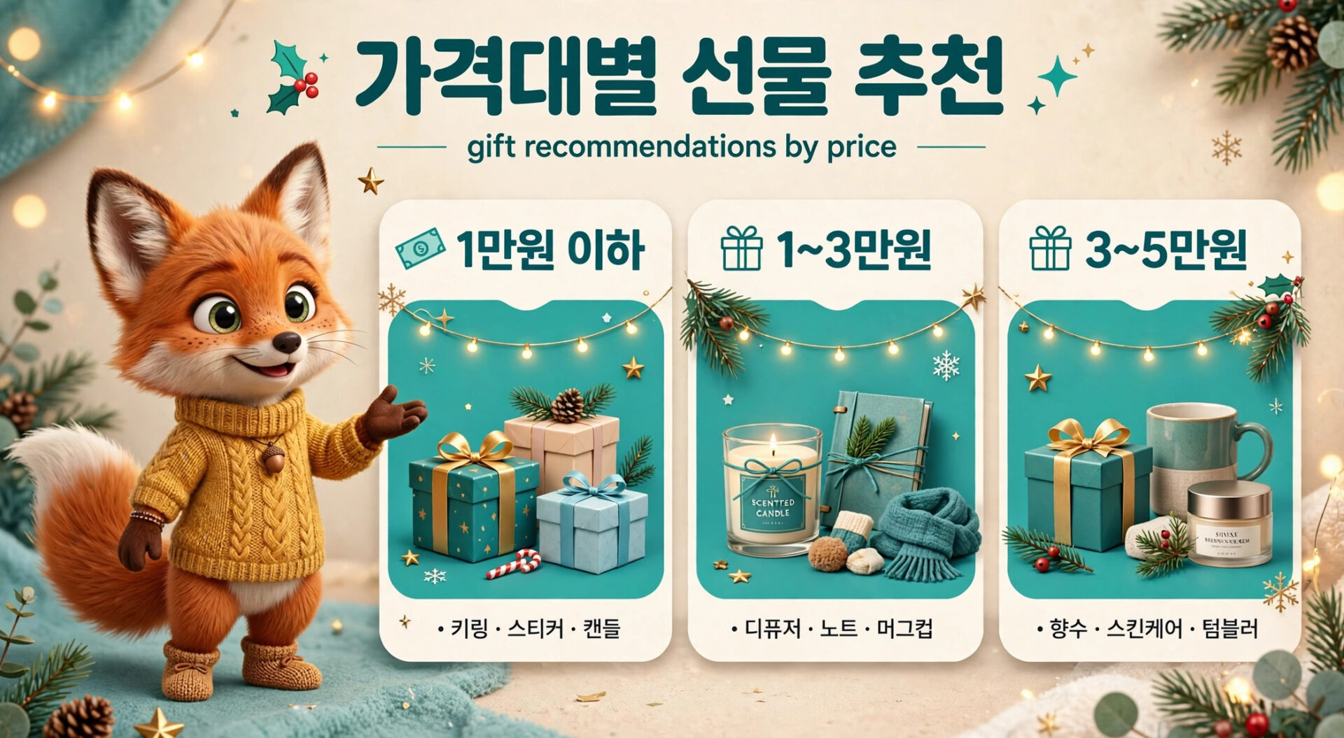 크리스마스 선물 추천 이미지, 가격대별로 1만원 이하, 1~3만원, 3~5만원의 선물 아이디어를 제시하며, 귀여운 여우 캐릭터가 등장하여 따뜻한 분위기를 연출. 다양한 선물과 장식이 포함된 배경.
