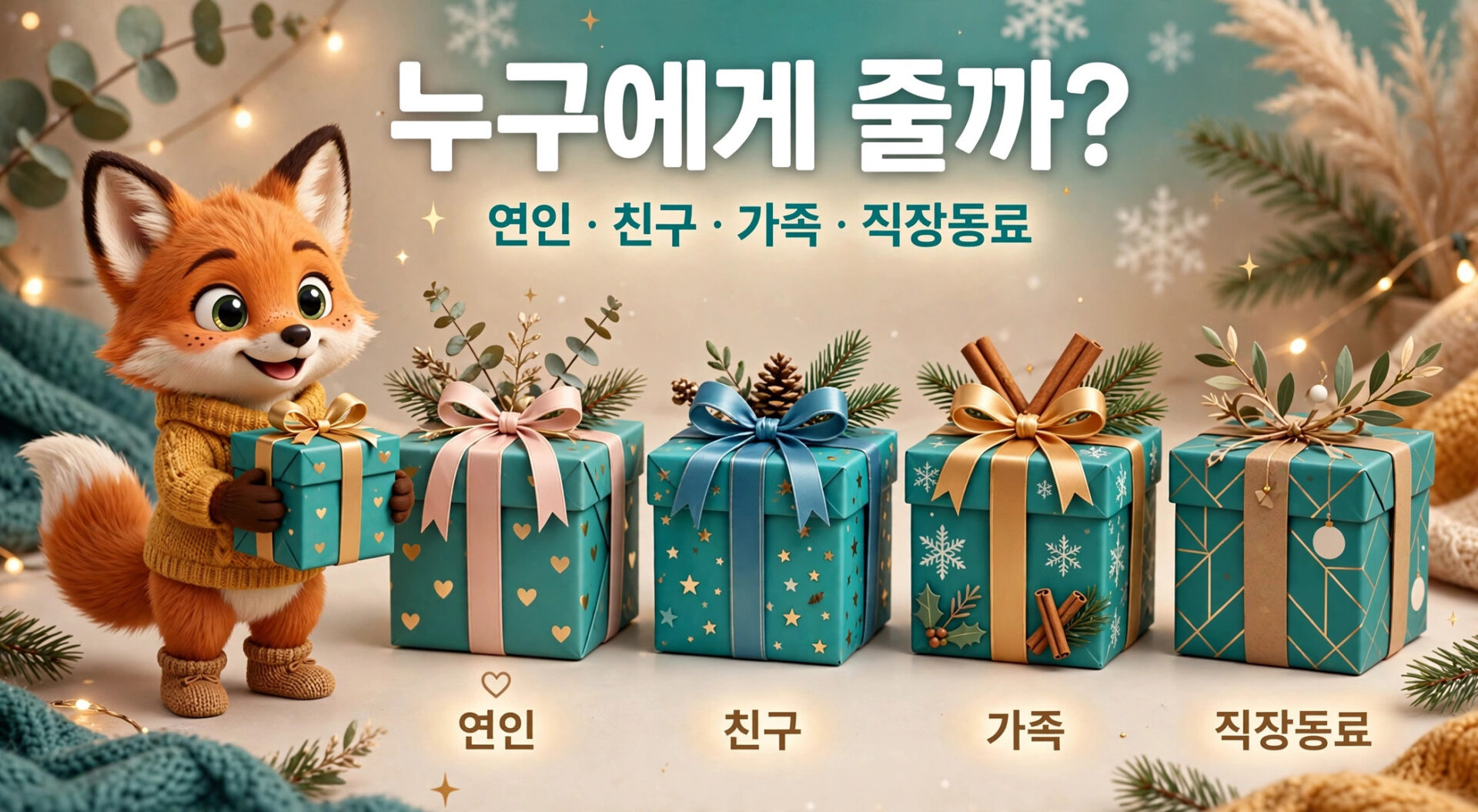 귀여운 여우 캐릭터가 선물 상자를 들고 있는 이미지로, 배경에는 크리스마스 장식과 함께 "누구에게 줄까?"라는 문구가 적혀 있습니다. 다양한 선물 상자에는 '연인', '친구', '가족', '직장 동료'라는 라벨이 붙어 있어 특별한 사람을 위한 선물을 제안합니다.