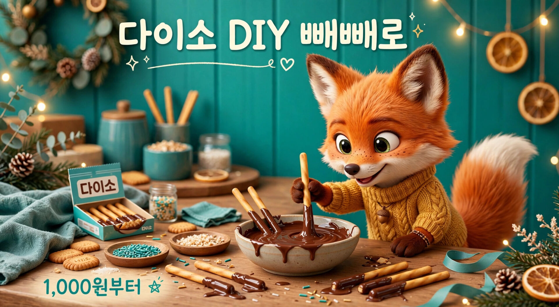 귀여운 여우 캐릭터가 다이소 DIY 세트를 사용해 초콜릿에 스틱 과자를 찍고 있는 모습. 배경은 따뜻한 색조의 장식과 조명으로 꾸며져 있으며, 다양한 장식 재료가 주변에 놓여 있다.