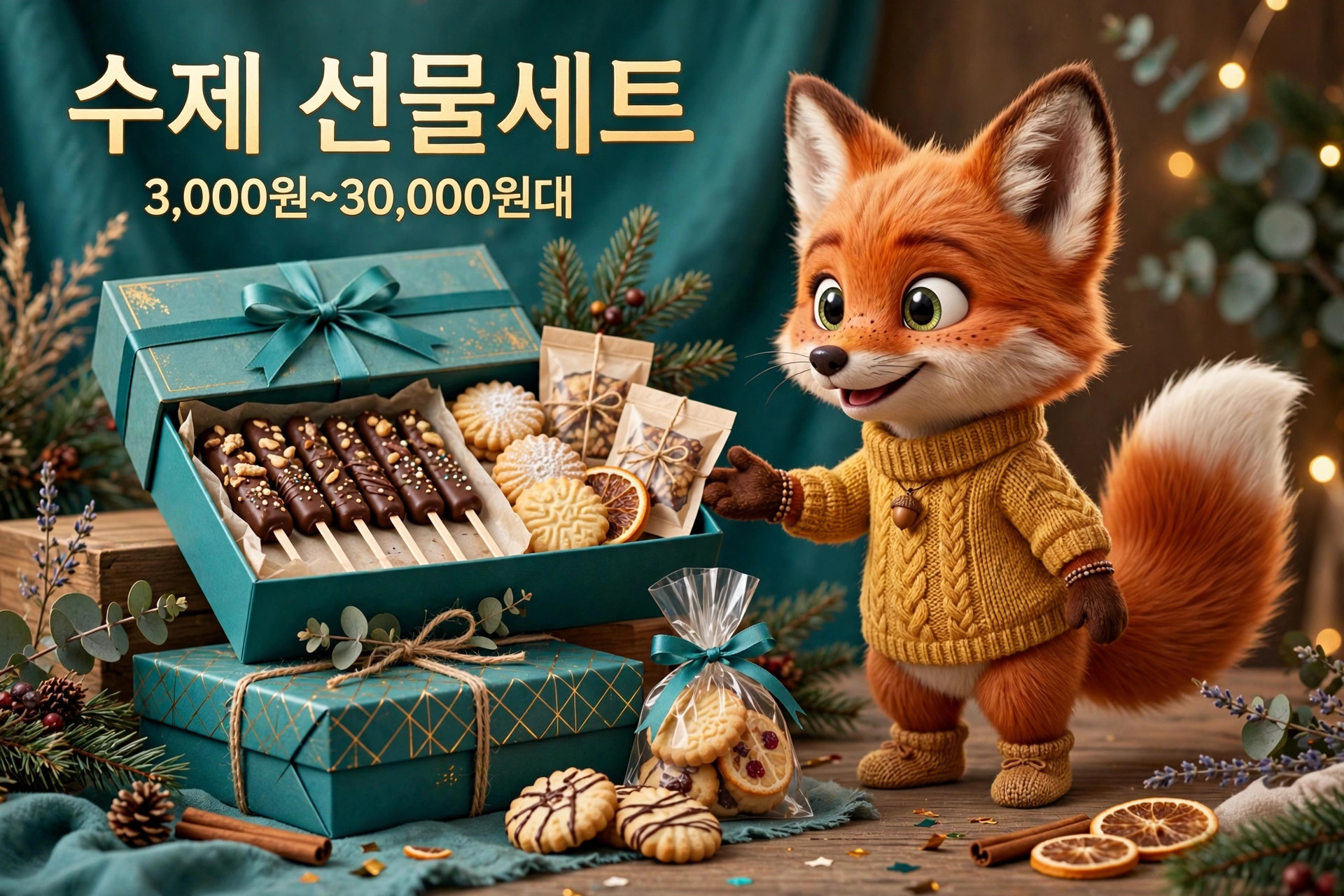 수제 선물세트, 귀여운 여우 캐릭터가 초콜릿과 쿠키가 담긴 선물 상자를 들고 있는 모습. 가격대는 3,000원에서 30,000원까지. 선물용으로 적합한 다양한 과자들이 포함되어 있음.