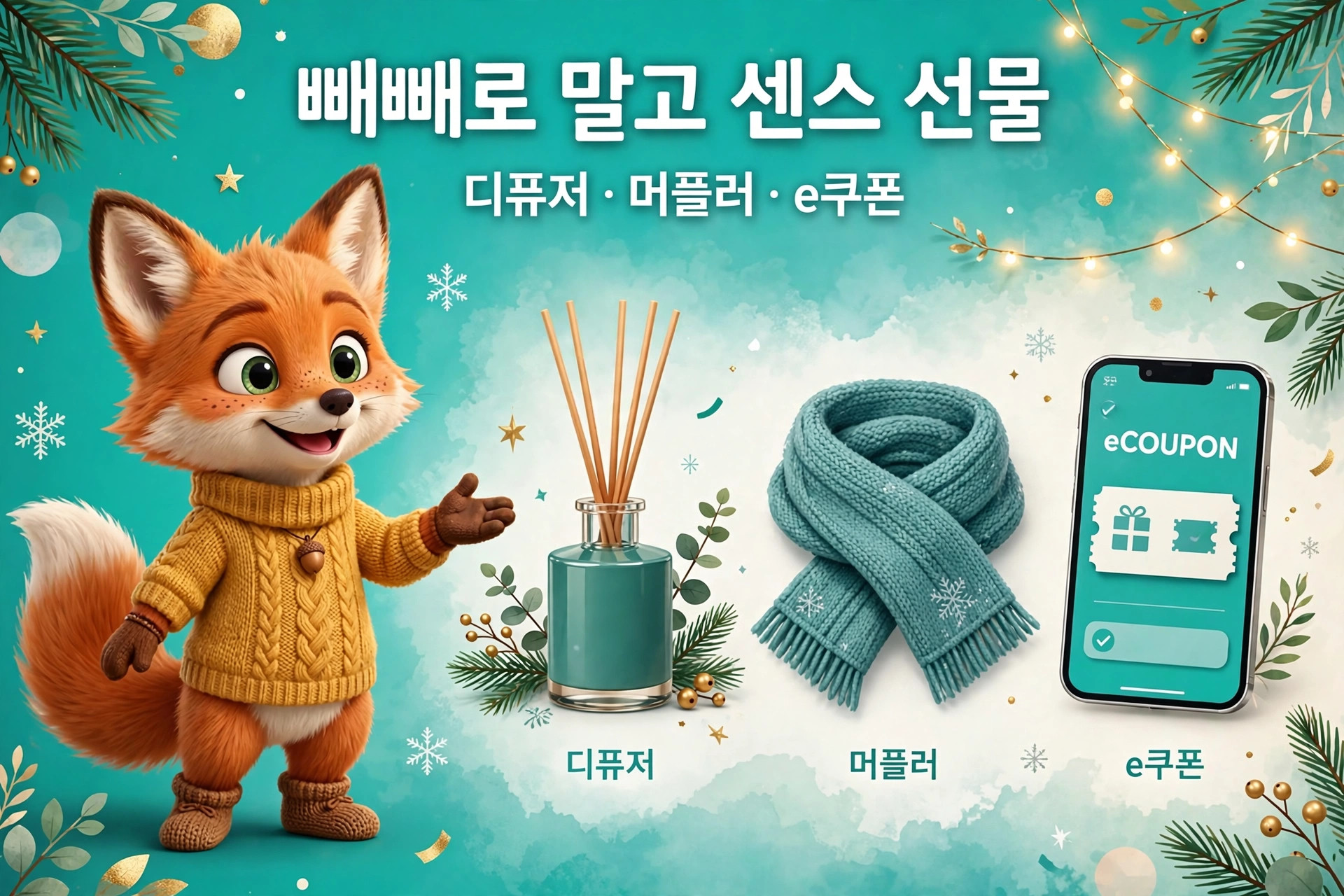 귀여운 여우 캐릭터가 있는 이미지로, 디퓨저, 머플러, e쿠폰이 함께 배치되어 있습니다. 배경은 크리스마스 테마로 장식되어 있으며, 다양한 장식 요소와 함께 따뜻한 선물 아이디어를 제안합니다.