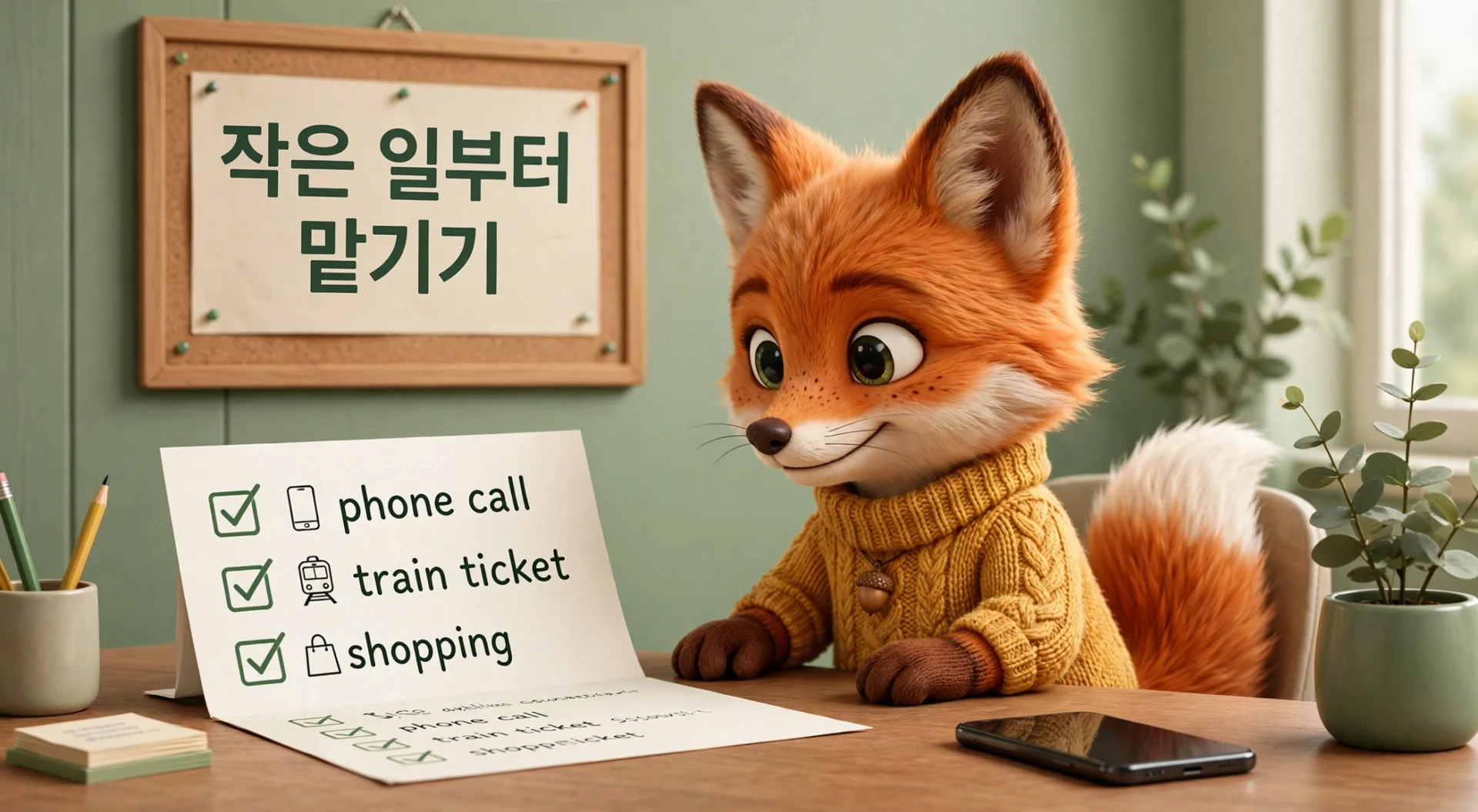 피클 AI 사용법 — 작은 일부터 맡기기, 여우 캐릭터가 전화·기차표·쇼핑 체크리스트를 확인하는 이미지