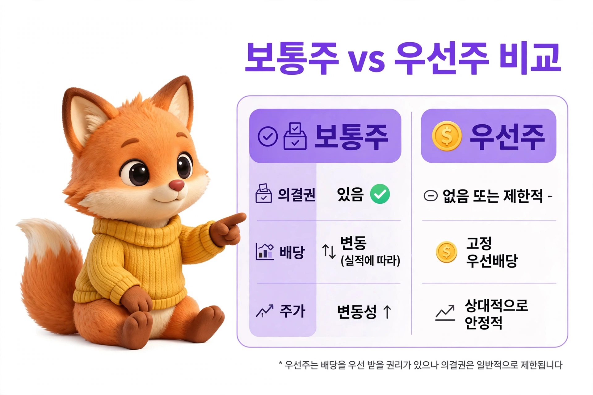 우선주 vs 보통주 비교표