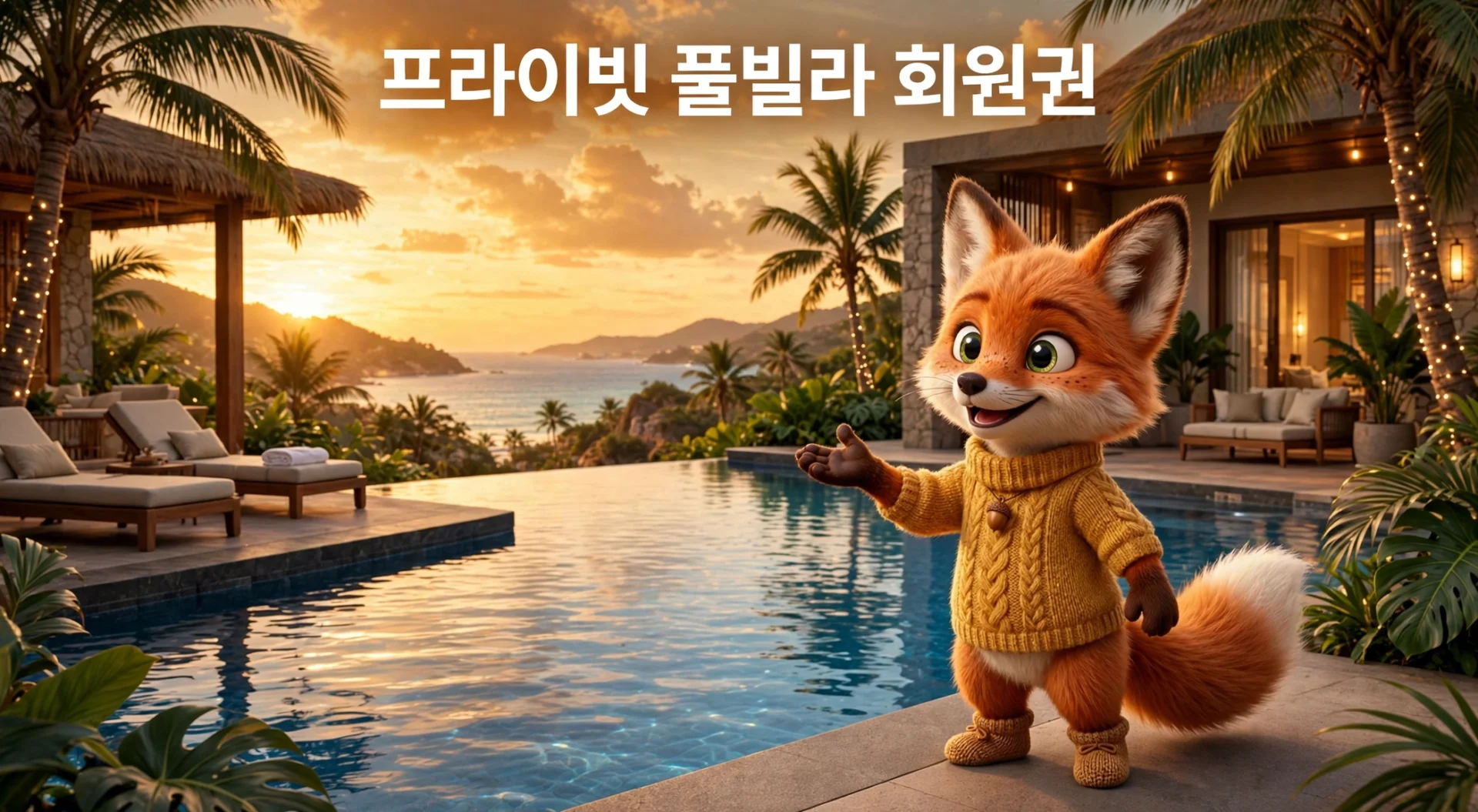 프라이빗 풀빌라에서 귀여운 여우 캐릭터가 수영장 옆에 서서 손을 흔들고 있는 모습, 석양과 열대 식물 배경.