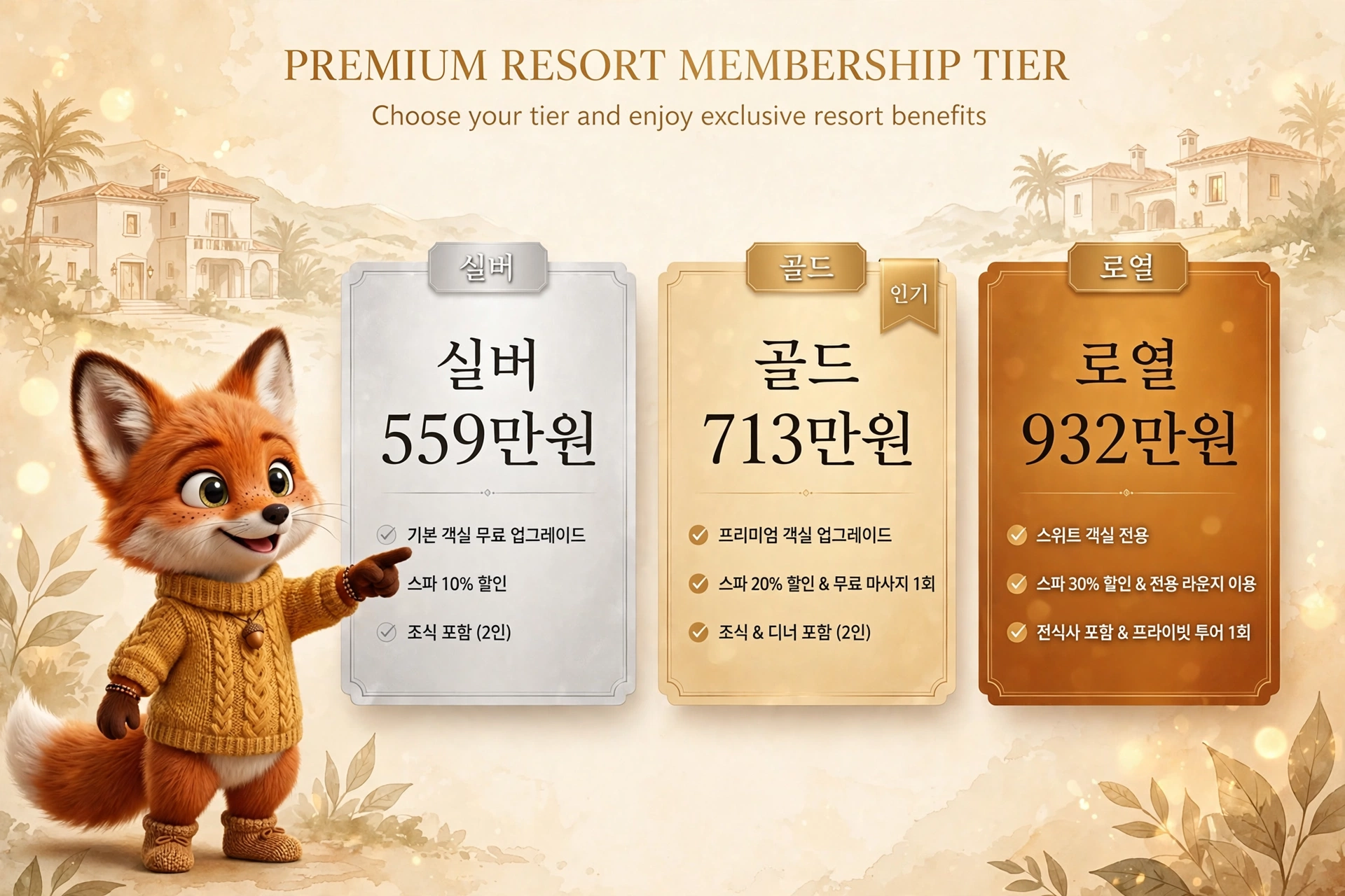 프리미엄 리조트 멤버십 티어 안내 이미지, 실버(559만원), 골드(713만원), 로열(932만원) 옵션과 각 티어의 혜택 설명 포함.