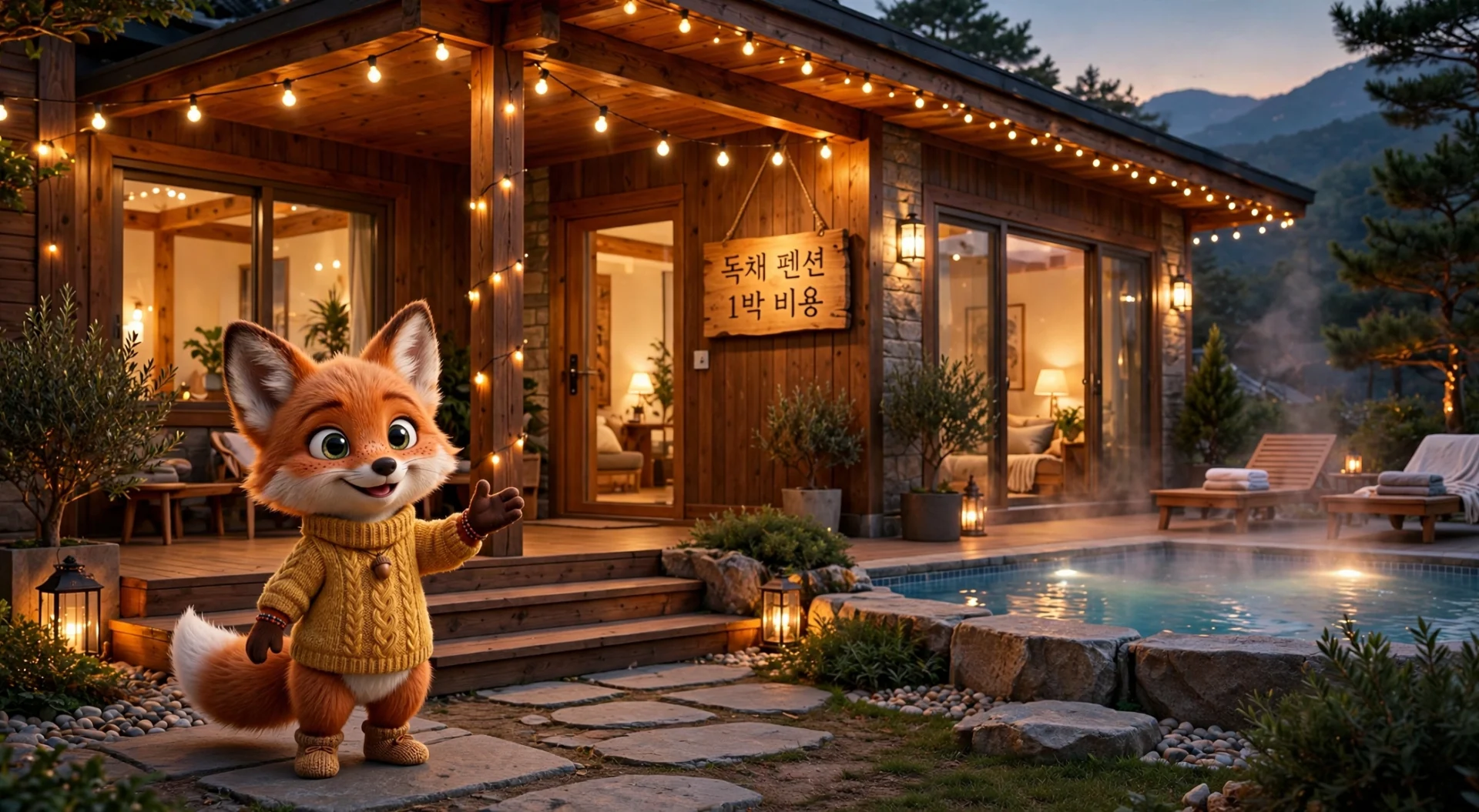 귀여운 여우 캐릭터가 아늑한 나무 집 앞에서 인사하고 있으며, 집은 따뜻한 조명으로 장식되어 있고 수영장과 정원이 보입니다. 집의 간판에는 "독채 펜션 1박 비용"이라는 글자가 적혀 있습니다.