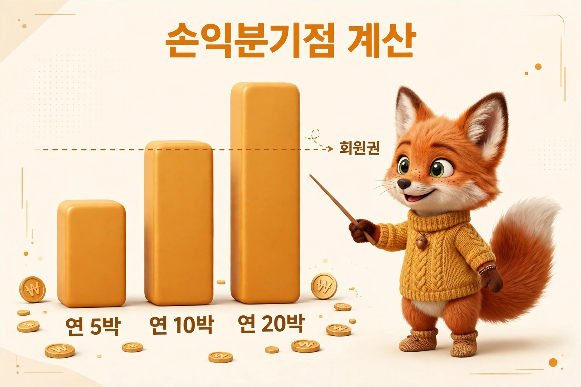 귀여운 여우 캐릭터가 손익분기점 계산을 설명하는 이미지로, 연 5박, 연 10박, 연 20박의 수익 그래프가 시각적으로 표현되어 있습니다. 그래프 옆에는 회원권을 나타내는 텍스트가 포함되어 있습니다.