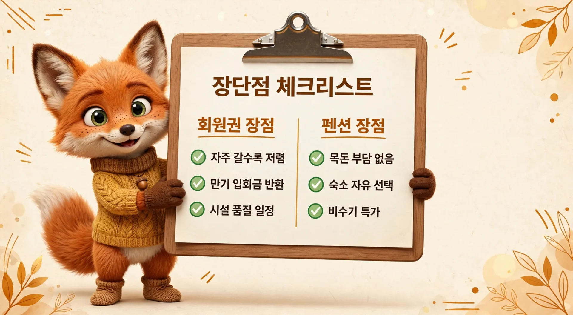 귀여운 여우 캐릭터가 장단점 체크리스트를 들고 있는 이미지, 회원권 장점과 펜션 장점이 나열되어 있음. 회원권 장점으로는 자주 갈 수록 저렴, 만기 입회금 반환, 시설 품질 일정이 포함됨. 펜션 장점으로는 목돈 부담 없음, 숙소 자유 선택, 비수기 특가가 언급됨.