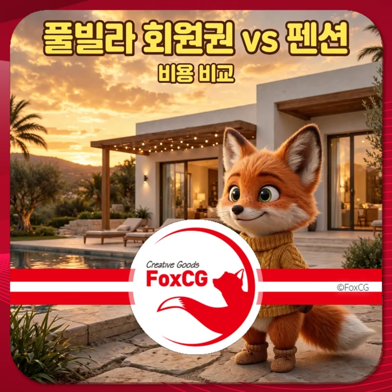 폴빌라 회원권과 펜션의 비용 비교를 보여주는 이미지로, 귀여운 여우 캐릭터가 배경의 현대적인 주택과 수영장 옆에 서 있습니다.