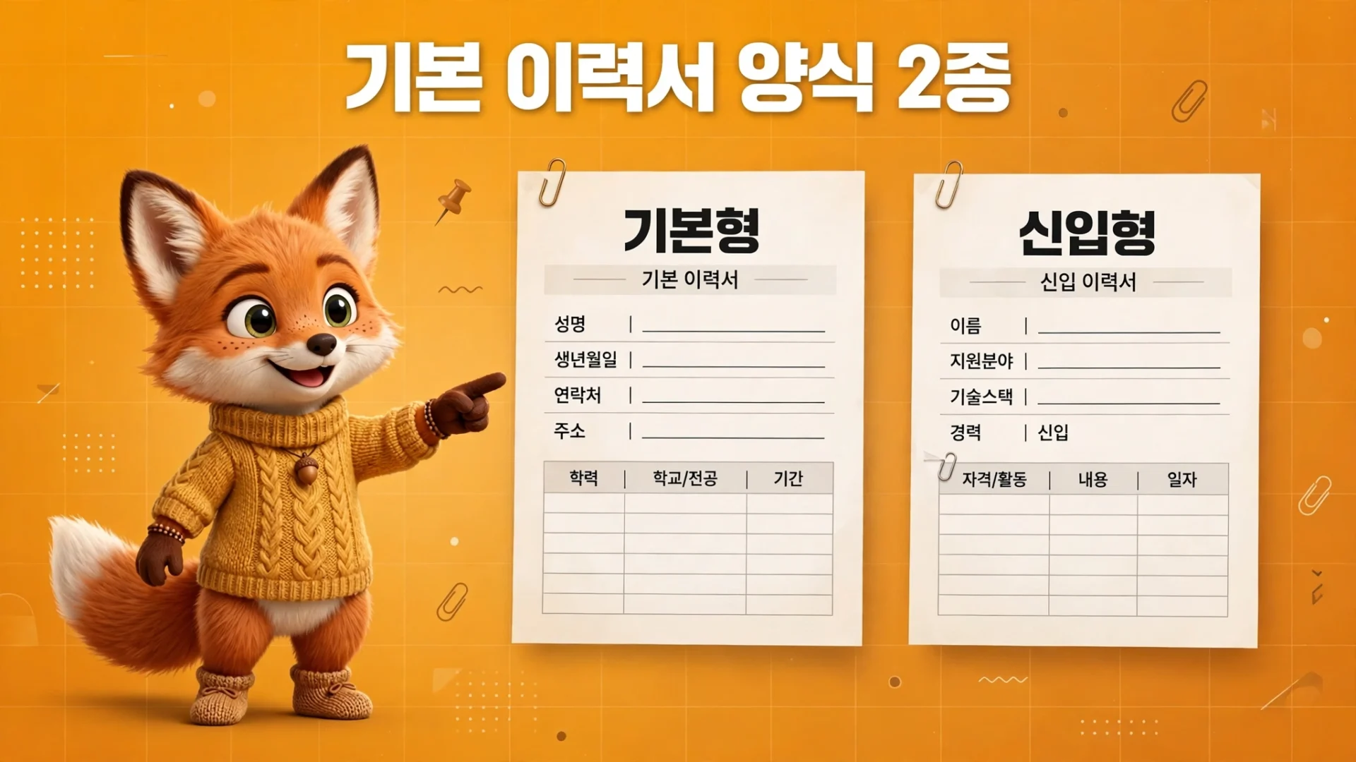 기본 이력서 양식 기본형과 신입형 2종 비교