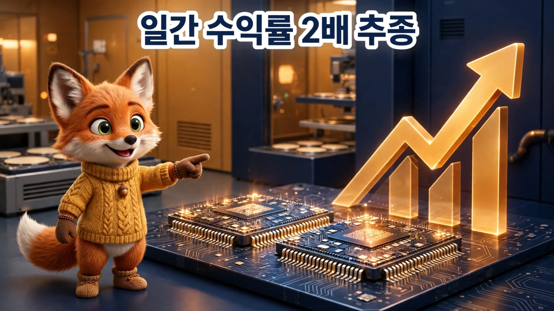 삼전닉스 레버리지 ETF 구조 - 일간 수익률 2배 추종을 설명하는 여우 캐릭터와 반도체 칩 일러스트
