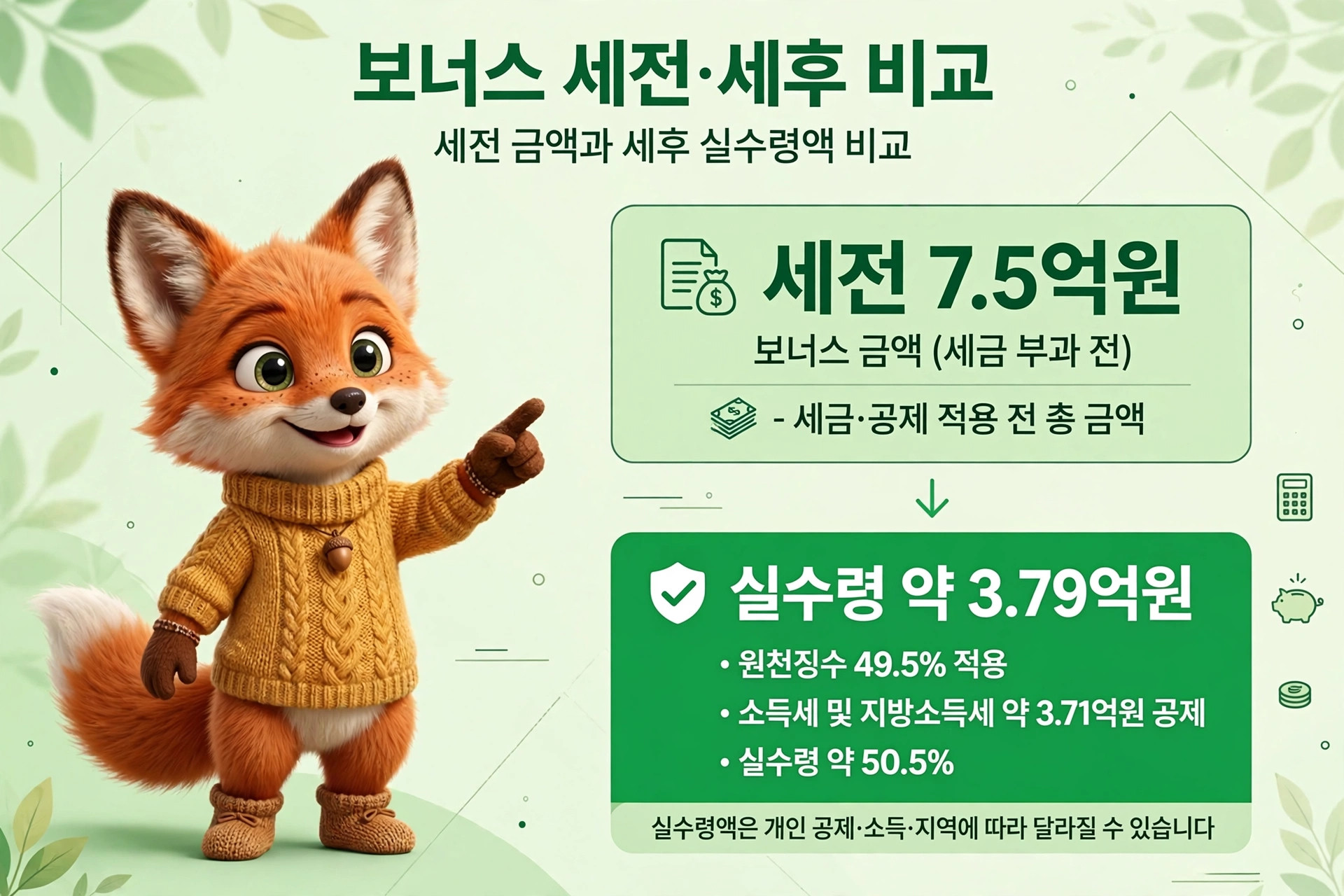보너스 세전·세후 비교 이미지, 세전 금액 7.5억원과 세후 실수령액 약 3.79억원을 강조. 세금 적용 전 총 금액과 실수령액 비율, 세금 항목 정보 포함. 귀여운 여우 캐릭터가 손가락으로 가리키며 설명.