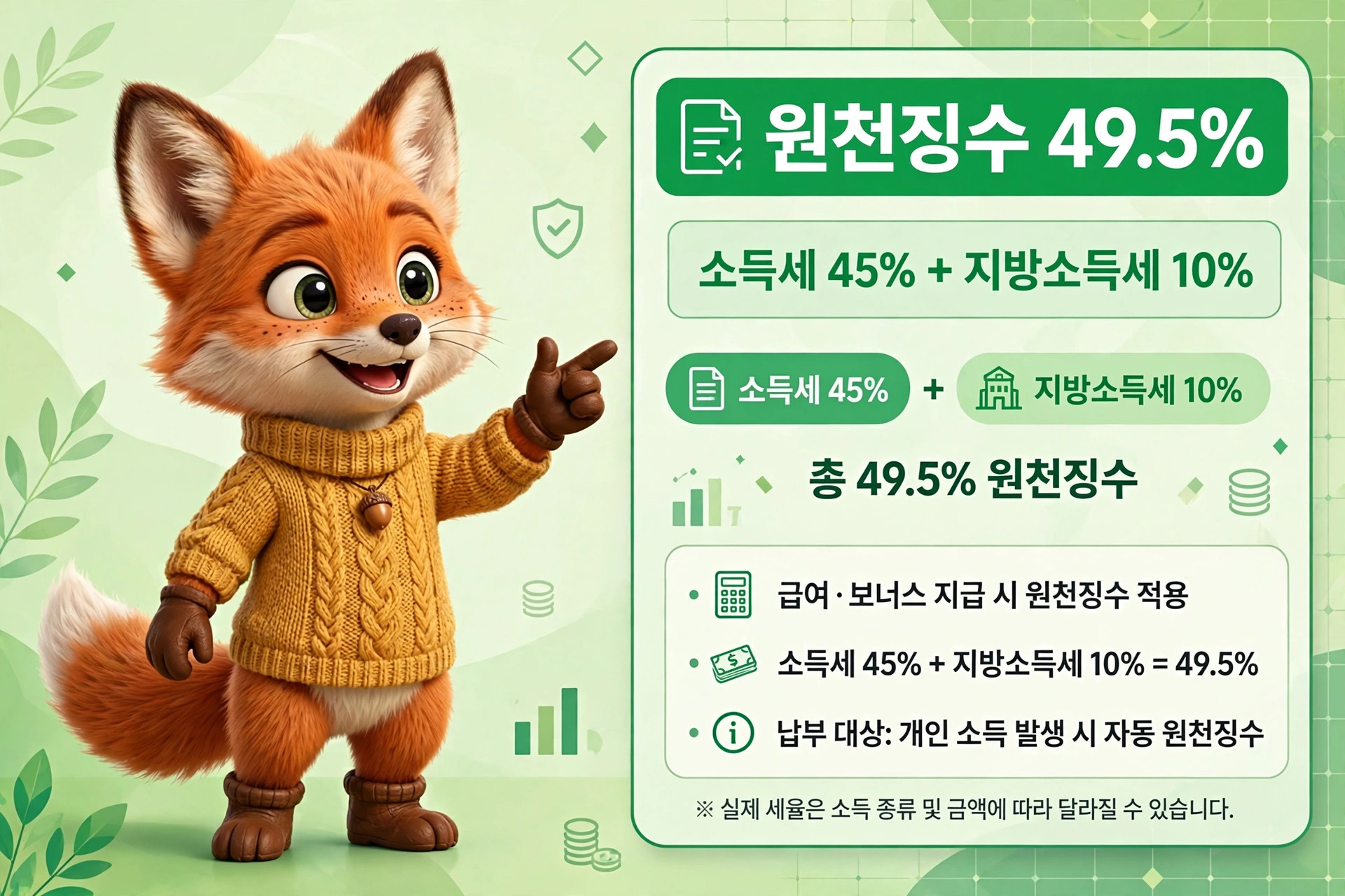 귀여운 여우 캐릭터가 웃으며 손가락으로 가리키는 모습. 배경에는 '원천징수 49.5%'와 관련된 세금 정보가 포함되어 있으며, 소득세와 지방소득세에 대한 비율이 명시되어 있습니다.