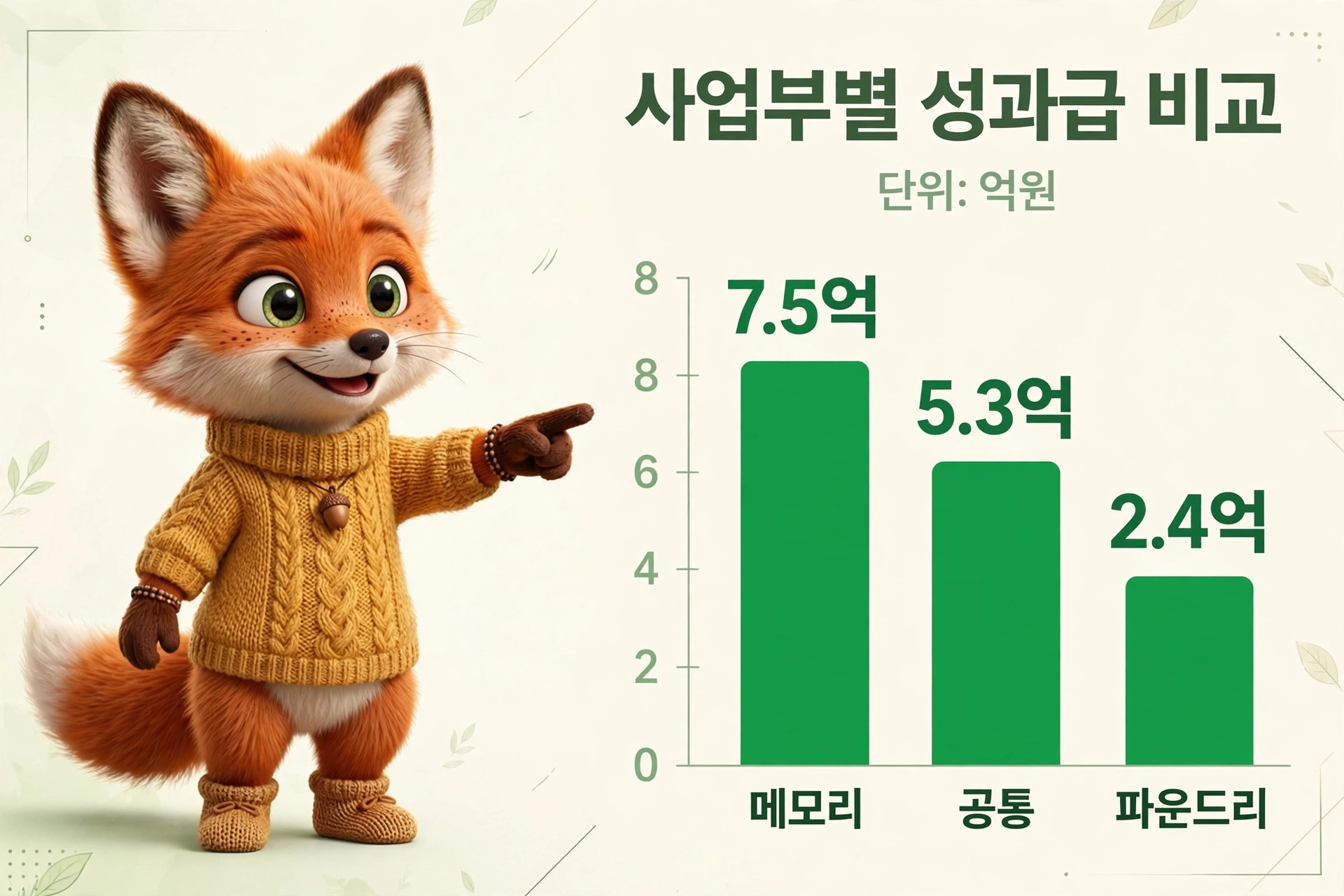 사업부별 성과급 비교 그래프, 메모리 7.5억 원, 공통 5.3억 원, 파운드리 2.4억 원으로 표시된 이미지. 귀여운 여우 캐릭터가 손가락으로 가리키고 있음.