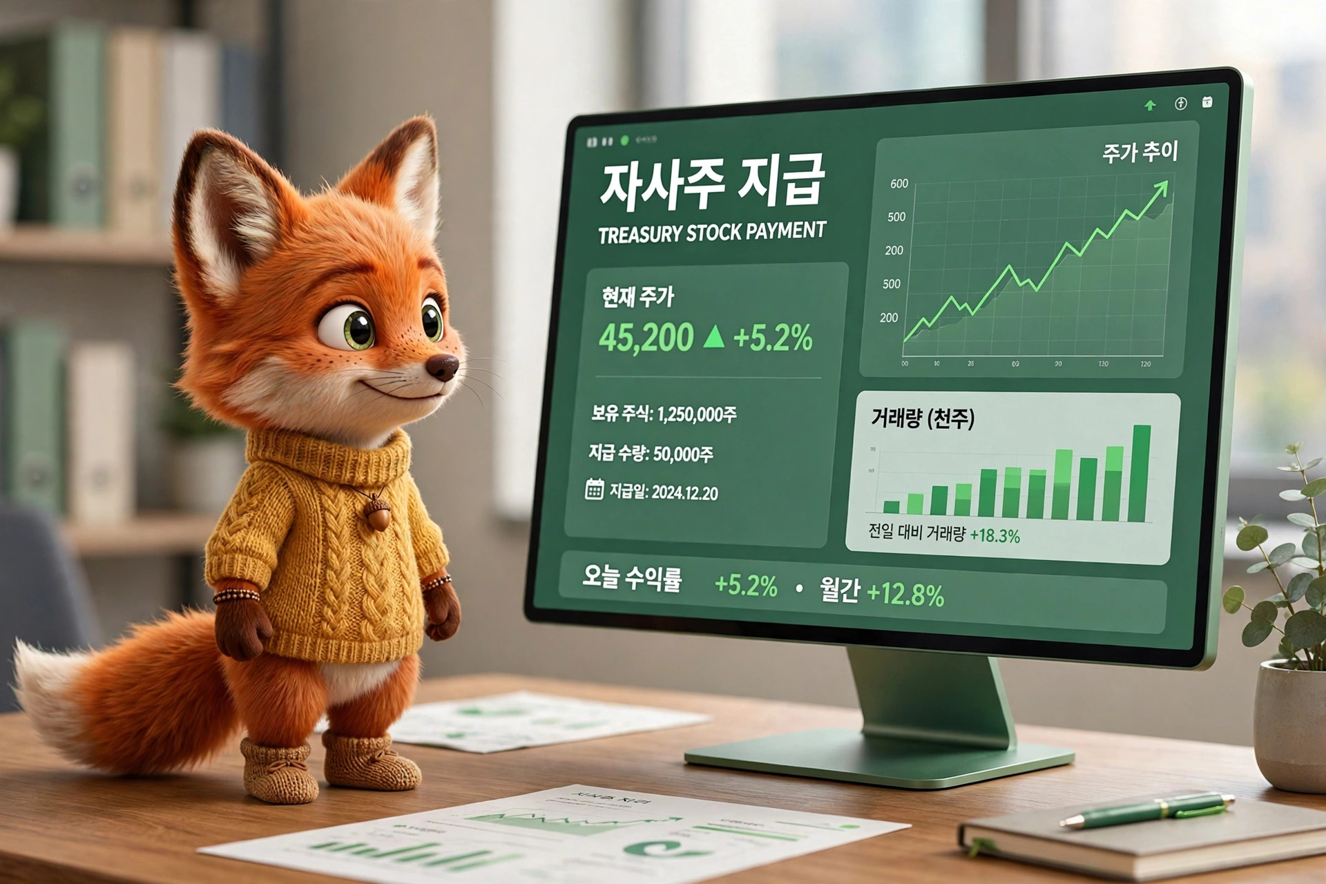 귀여운 여우 캐릭터가 컴퓨터 모니터 앞에 서서 주식 시장 데이터를 확인하고 있는 모습. 모니터에는 자사주 지급, 현재 주가, 거래량 및 주가 추세 그래프가 표시되어 있음. 배경에는 사무실 환경이 보임.