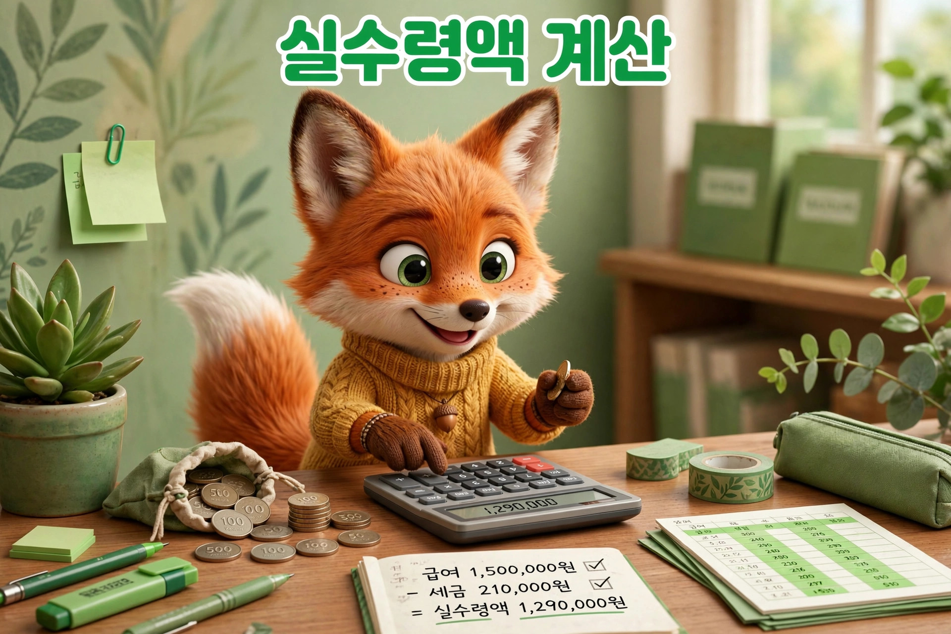 귀여운 여우 캐릭터가 계산기를 사용하여 실수령액을 계산하는 모습. 주변에는 동전, 식물, 노트, 필기구가 놓여 있으며, 계산 내용이 적힌 종이가 보인다.