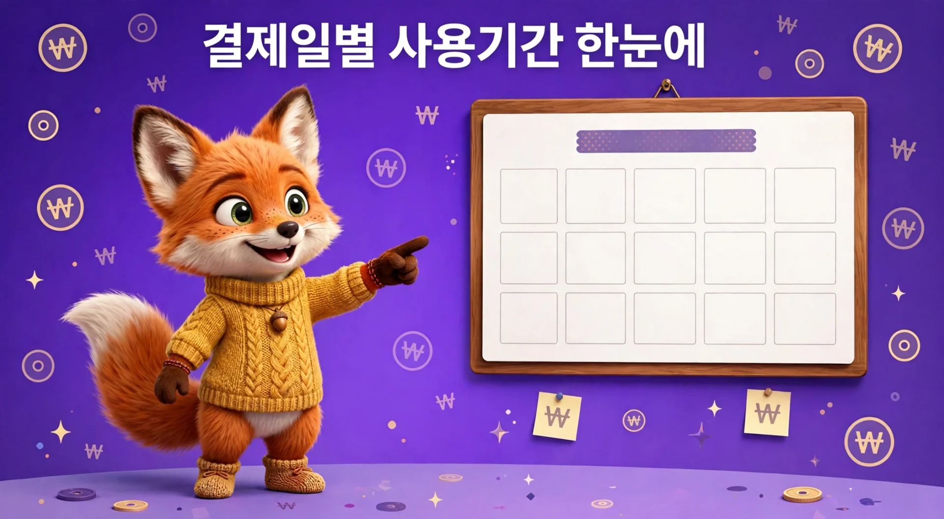 삼성카드 결제일별 사용기간을 달력 앞에서 안내하는 여우 캐릭터