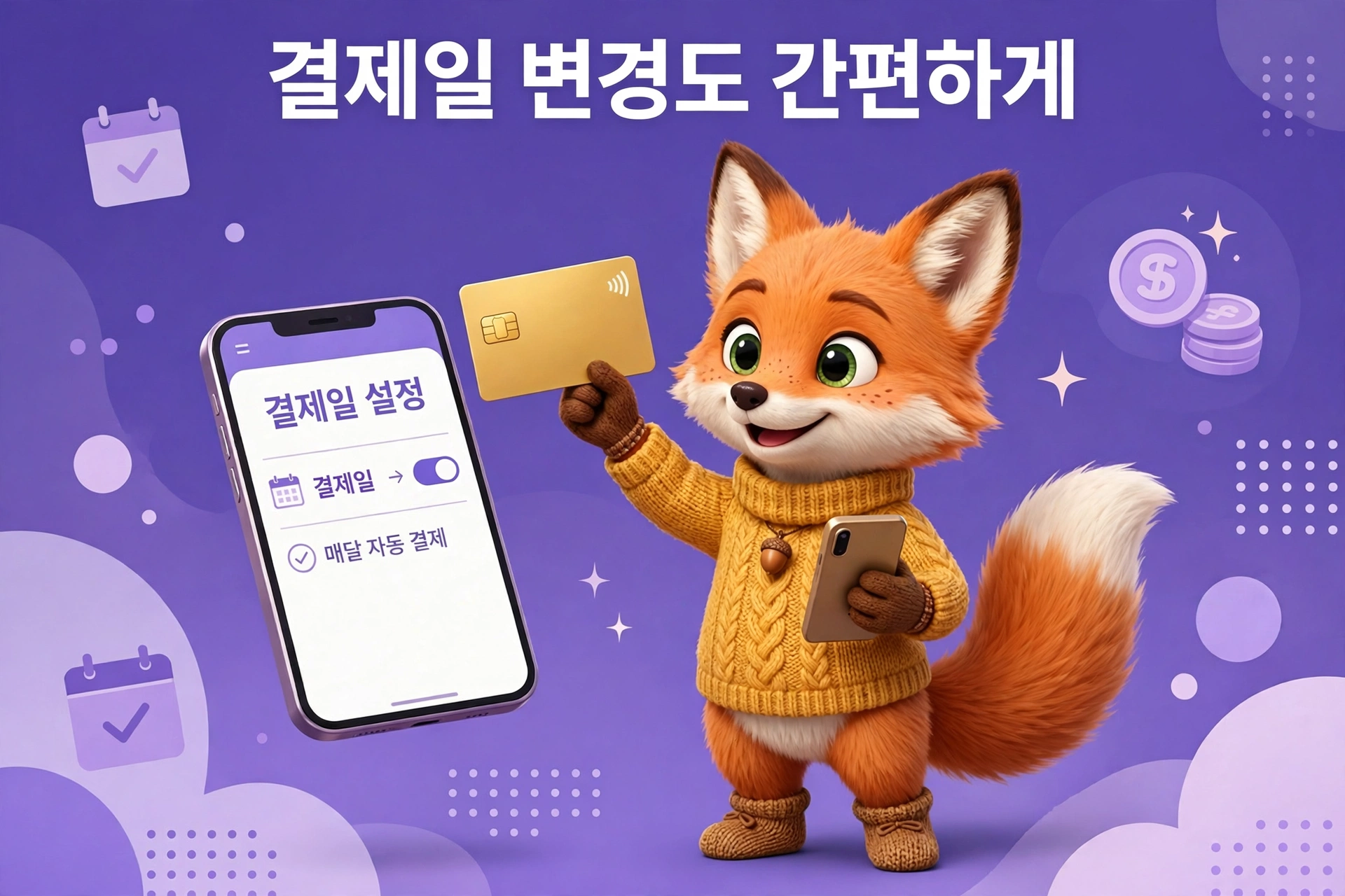 스마트폰에서 삼성카드 결제일 변경 방법을 보여주는 여우 캐릭터