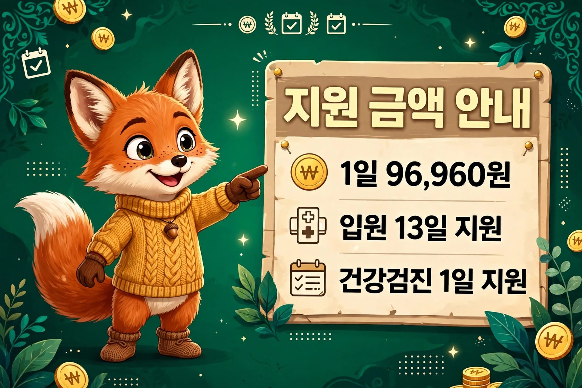 귀여운 여우 캐릭터가 황금 동전을 가리키며 지원 금액 안내를 설명하는 이미지. 하루 지원 금액 96,960원, 입원 13일 지원, 건강검진 1일 지원 내용이 포함되어 있음. 배경은 초록색으로 장식되어 있음.