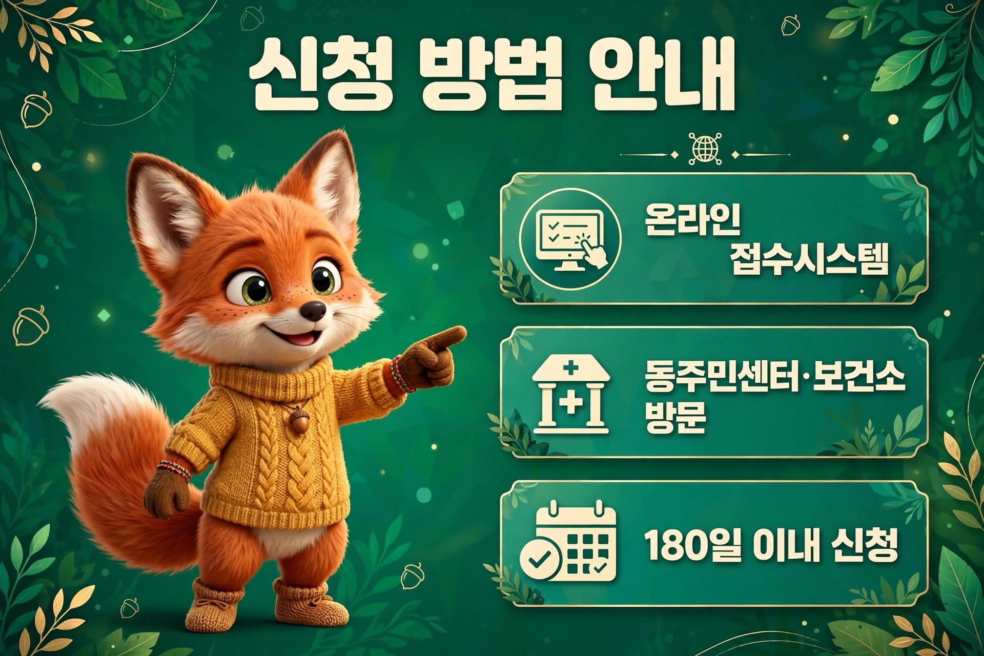 신청 방법 안내 이미지, 귀여운 여우 캐릭터가 온라인 신청 시스템, 동주민센터 방문, 180일 이내 신청 방법을 설명하는 내용 포함. 배경은 자연을 모티브로 한 초록색 디자인.