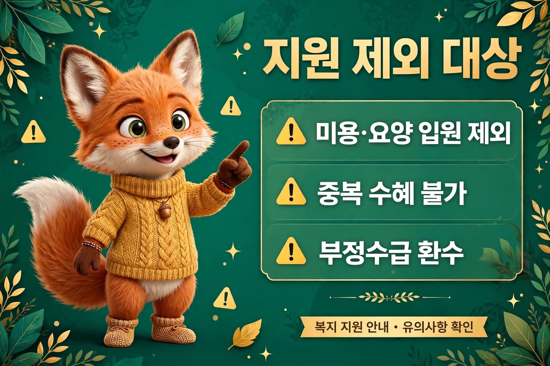 귀여운 여우 캐릭터가 노란 스웨터를 입고 손가락으로 가리키며 주의 사항을 설명하는 이미지. "지원 제외 대상"과 관련된 정보가 담겨 있으며, 미용·요양 입원 제외, 중복 수혜 불가, 부정수급 환수 등의 내용이 포함되어 있음. 배경은 녹색이며 자연 요소가 장식되어 있음.