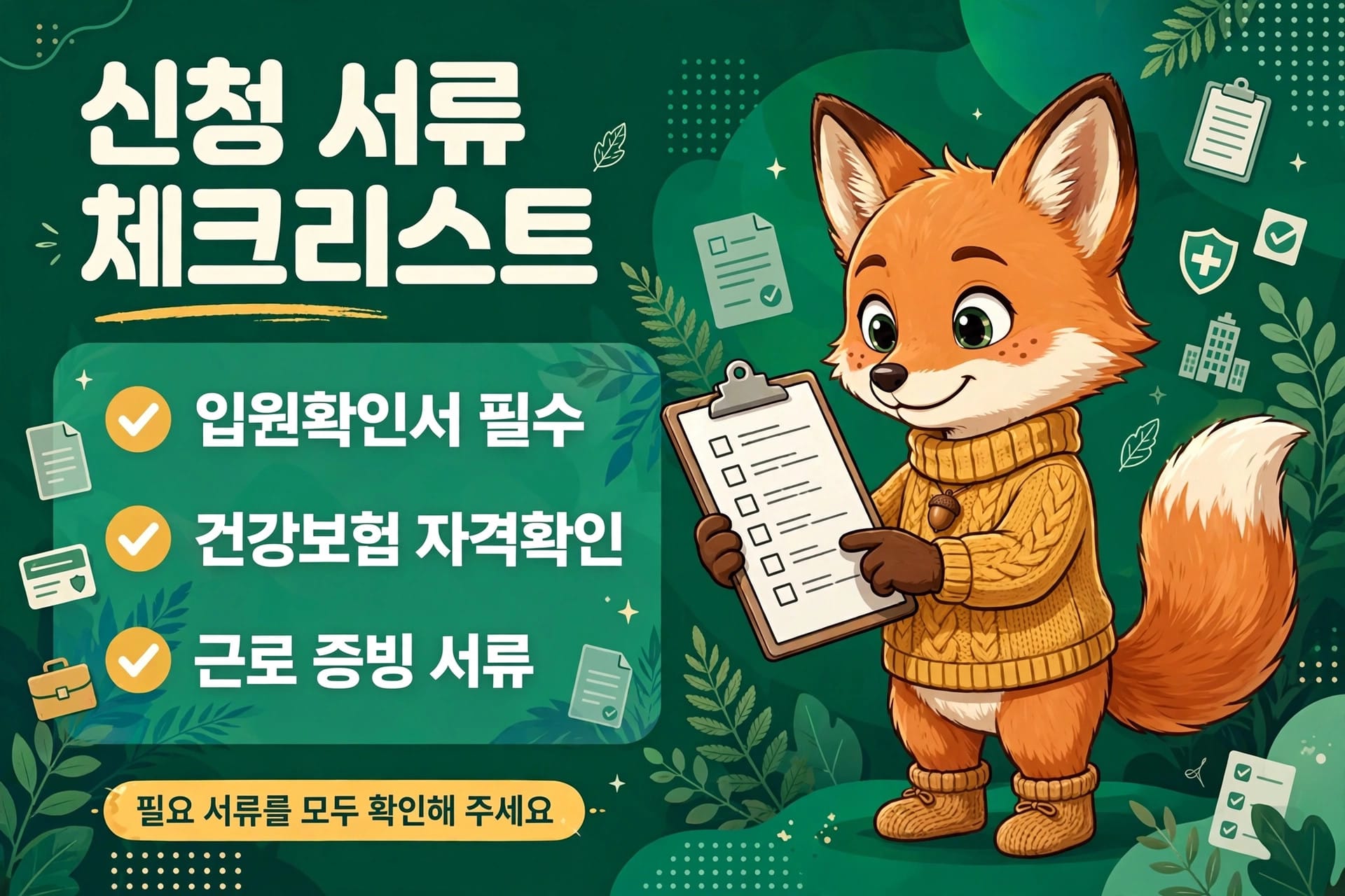 신청 서류 체크리스트 이미지, 필수 서류 목록: 입원 확인서, 건강보험 자격 확인서, 근로 증빙 서류. 귀여운 여우 캐릭터가 체크리스트를 들고 있는 디자인.