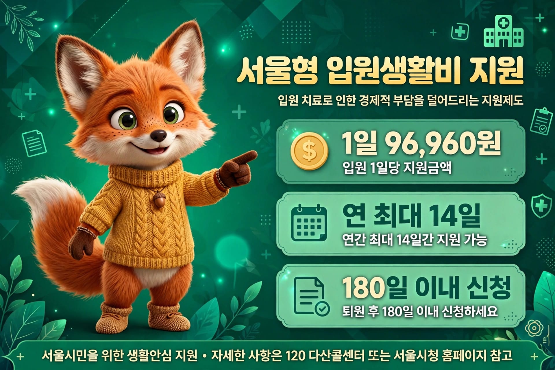 서울형 입원생활비 지원 안내, 일일 지원금 96,960원, 연 최대 14일 지원 가능, 퇴원 후 180일 이내 신청 필요.