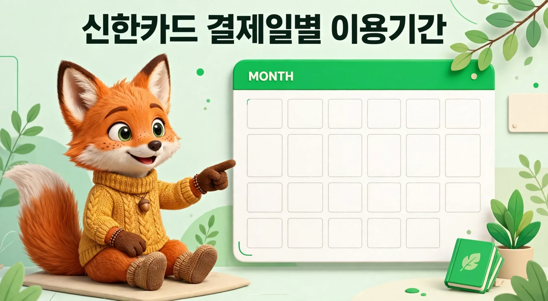 신한카드 결제일별 이용기간을 달력 앞에서 안내하는 여우 캐릭터