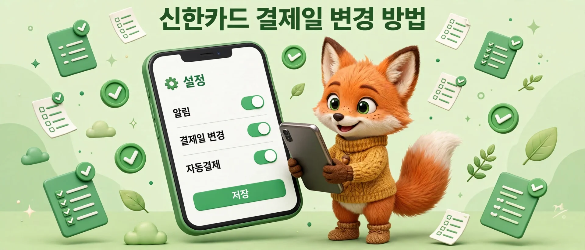 스마트폰에서 신한카드 결제일 변경 방법을 보여주는 여우 캐릭터