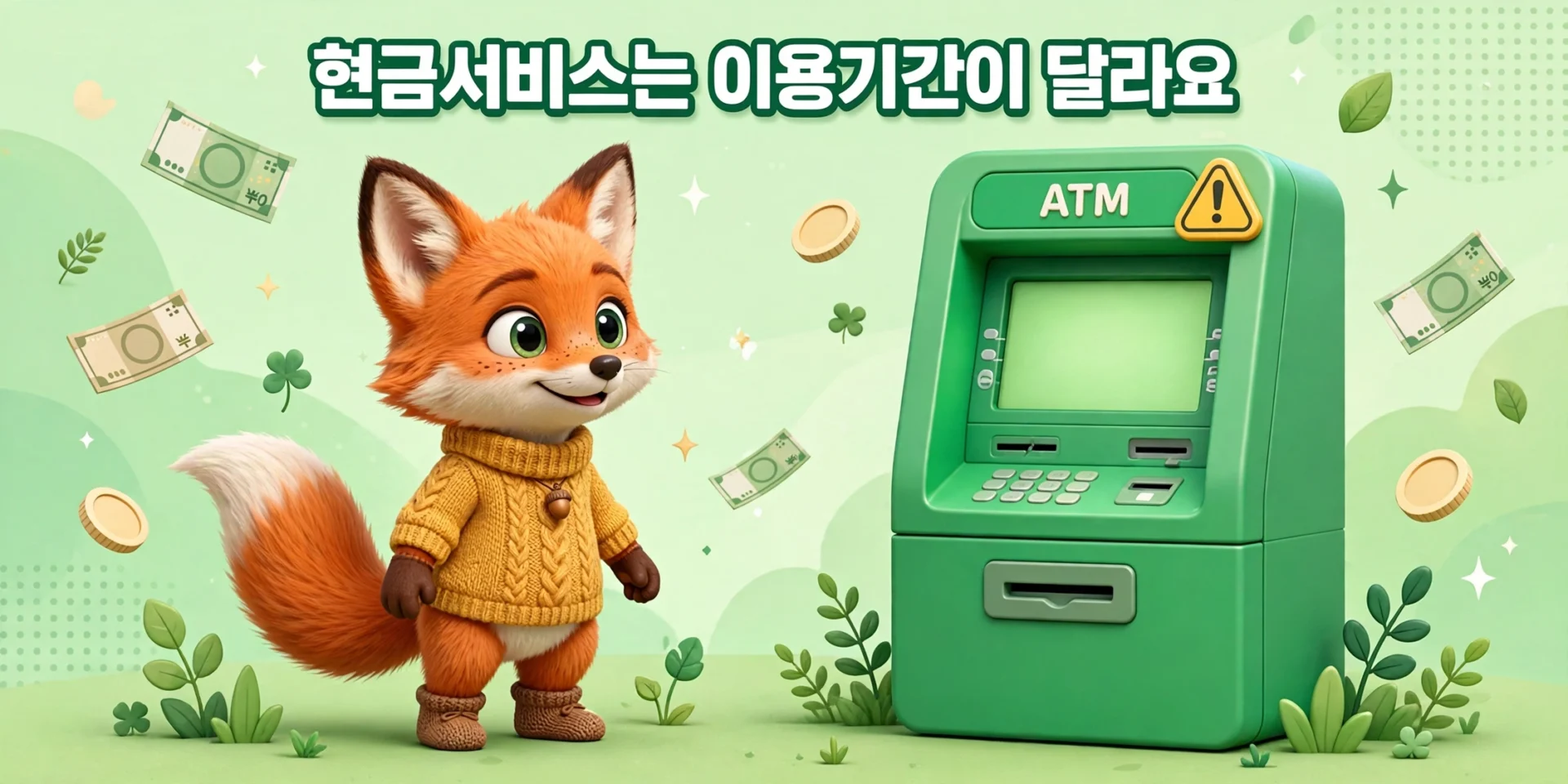 ATM 옆에서 현금서비스 이용기간이 다르다는 것을 안내하는 여우 캐릭터