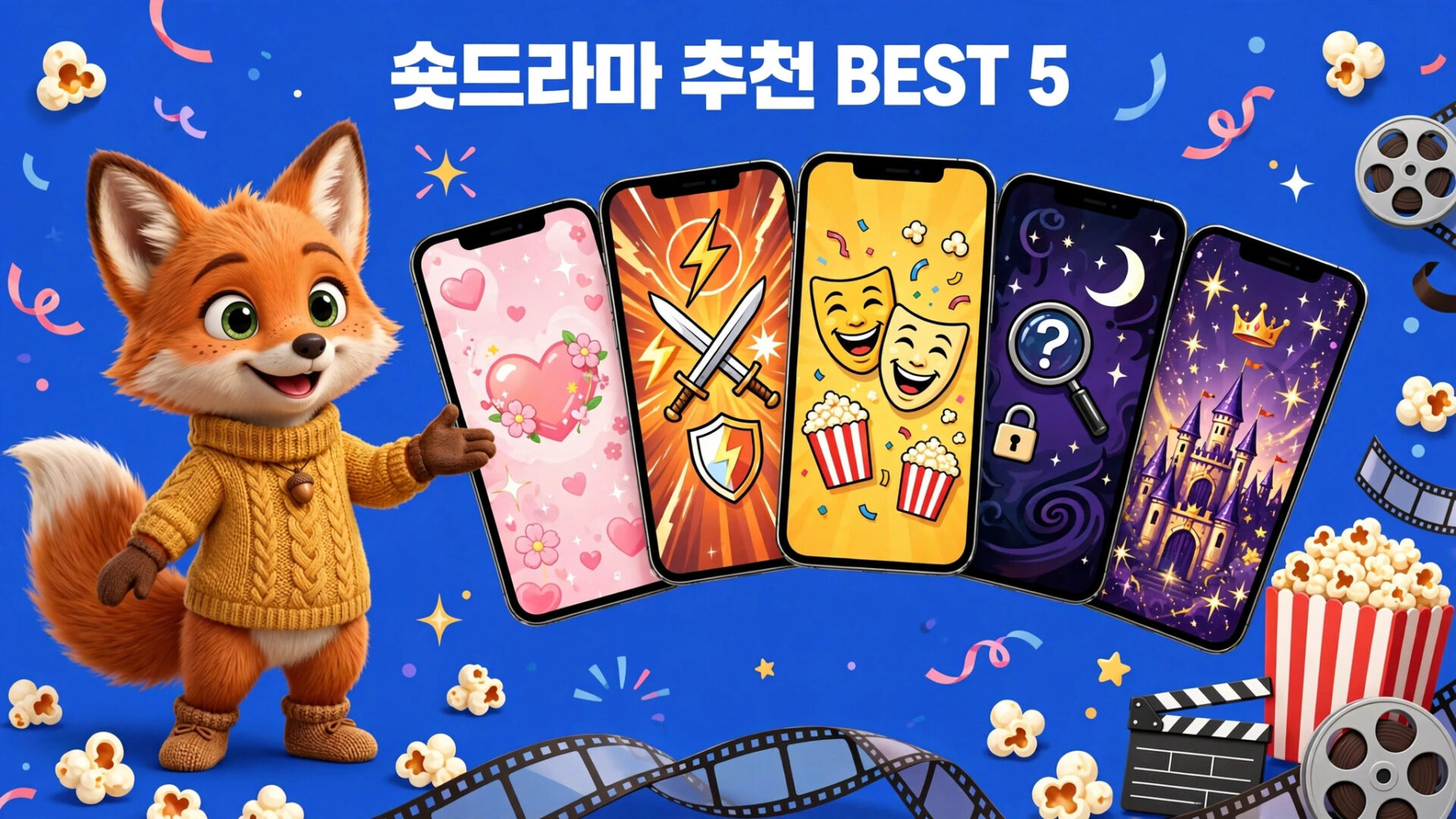 귀여운 여우 캐릭터가 다섯 가지 스마트폰 배경화면을 소개하는 이미지, 다양한 테마의 배경화면이 포함되어 있으며, 배경은 파란색과 다채로운 장식으로 꾸며져 있습니다.
