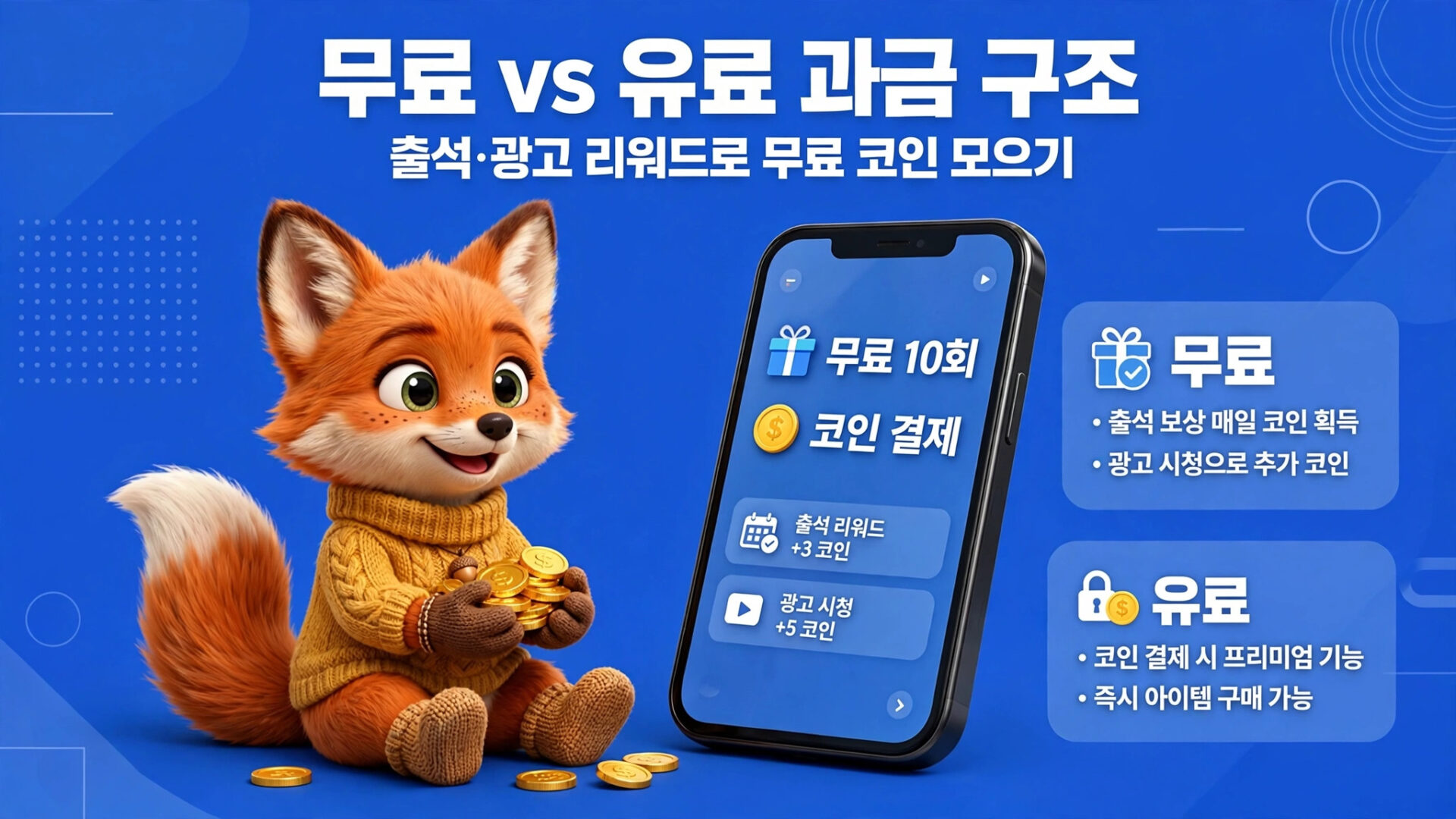 무료 코인 모으기와 유료 과금 구조를 비교하는 이미지로, 귀여운 여우 캐릭터가 동전 더미를 들고 있으며 스마트폰 화면에는 무료 및 유료 코인 결제 옵션이 표시되어 있습니다.