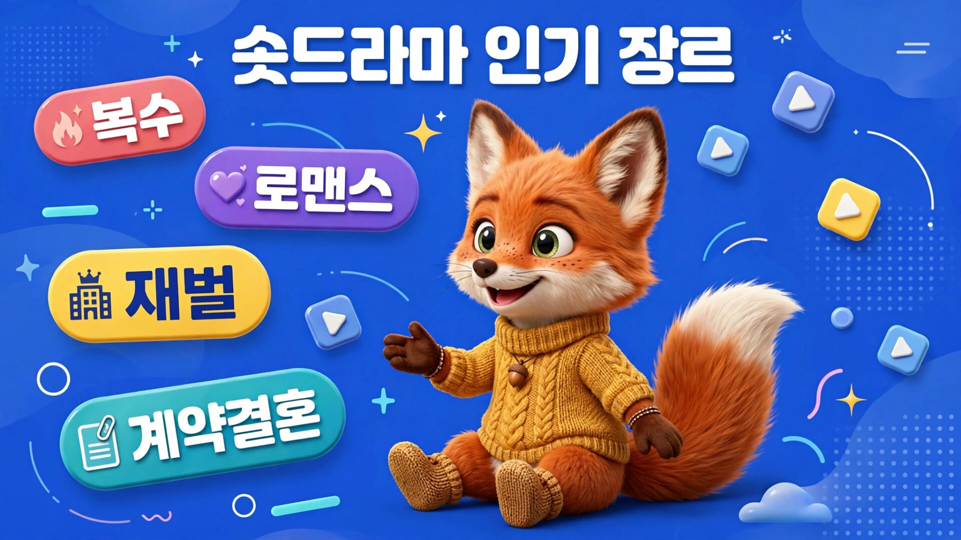 귀여운 여우 캐릭터가 노란 스웨터를 입고 앉아 있으며, 배경은 파란색으로 다양한 버튼과 아이콘이 배치되어 있다. '복수', '로맨스', '재벌', '계약결혼'과 같은 인기 장르가 강조되어 있는 이미지.
