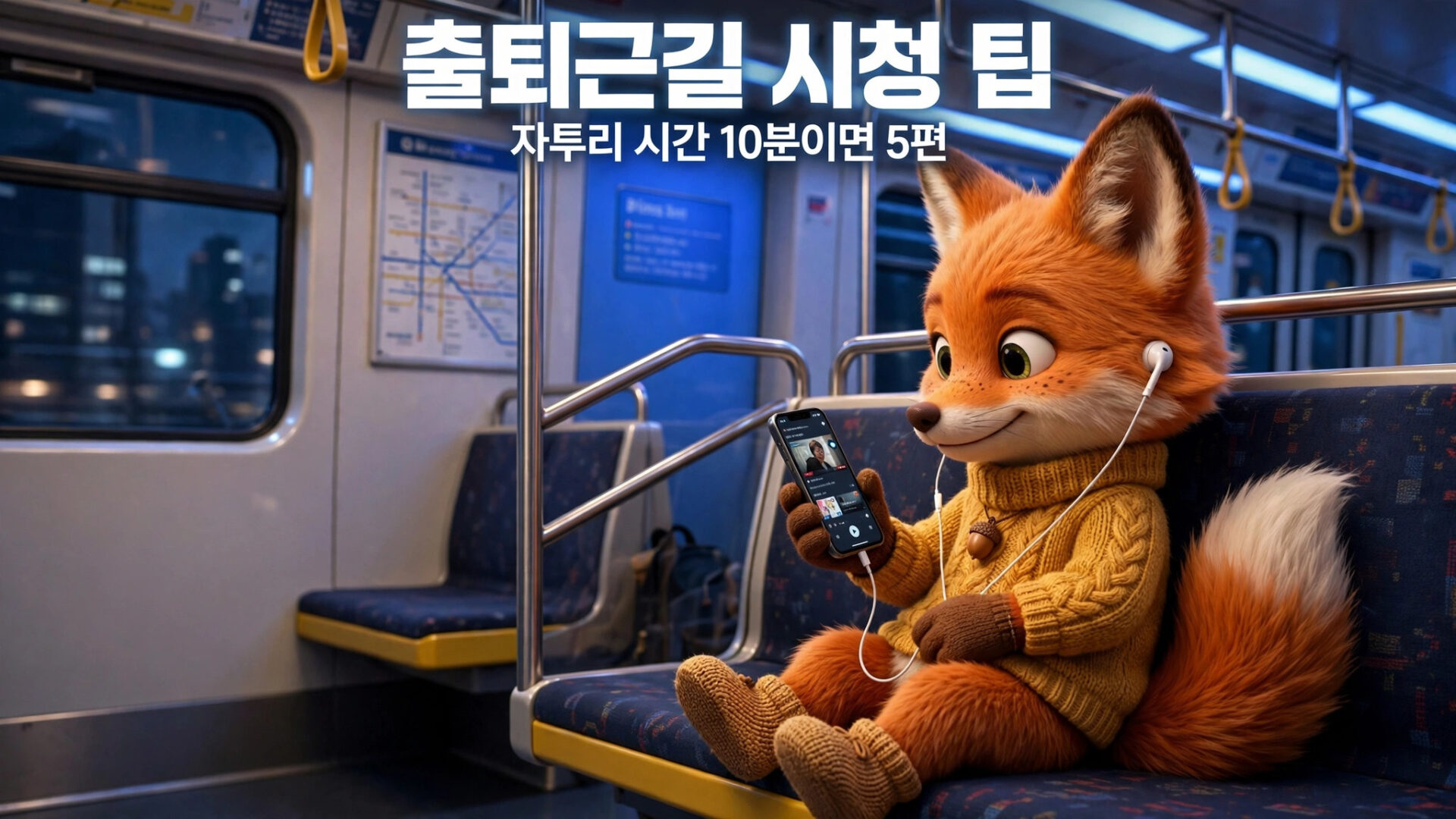 지하철 안에서 스마트폰을 사용하며 음악을 듣고 있는 귀여운 여우 캐릭터. 배경에는 도시의 야경과 지하철 노선도가 보임. 출퇴근길 팁을 소개하는 콘텐츠와 관련된 이미지.