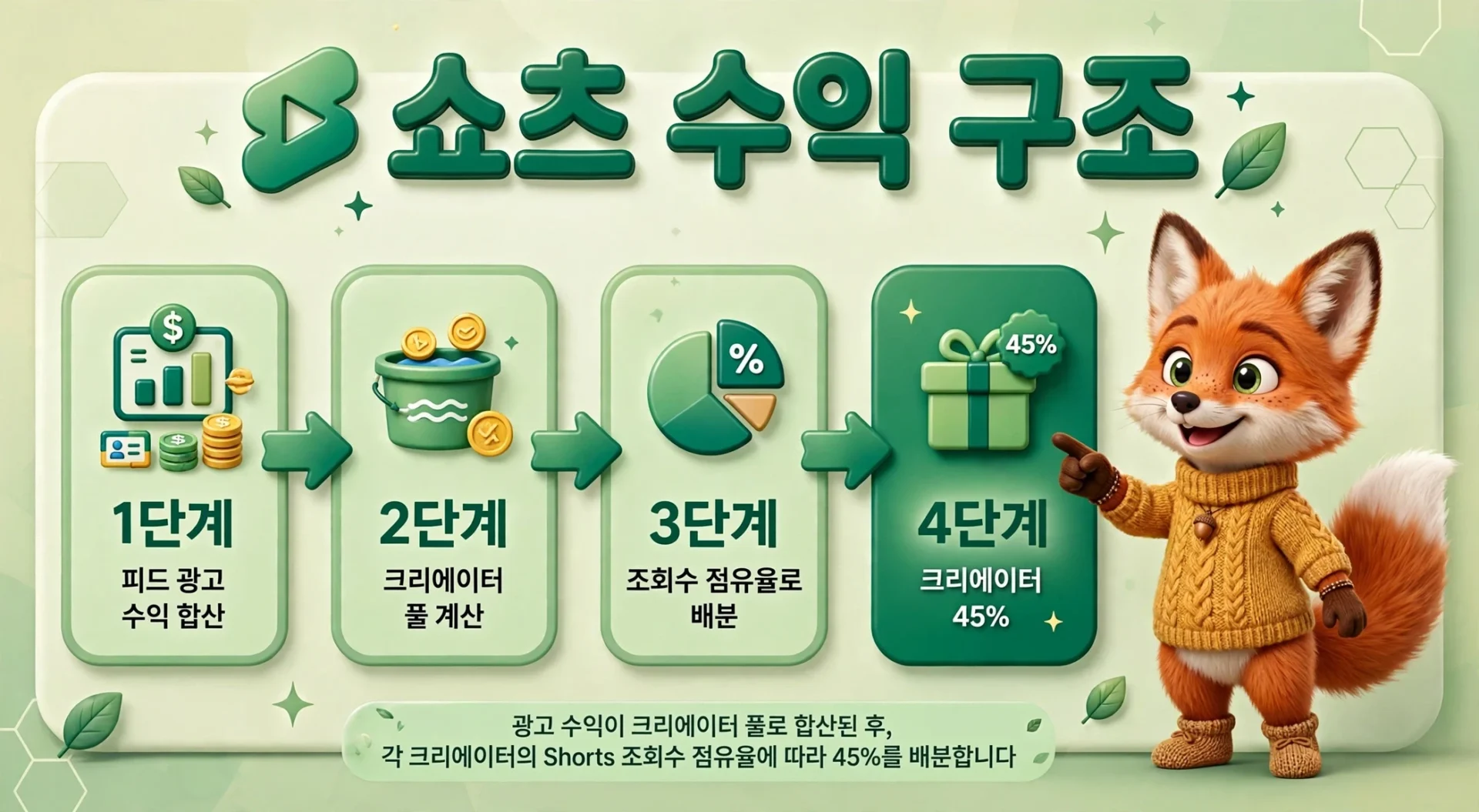 쇼츠 수익 구조 — 크리에이터 풀 배분 4단계와 45% 배분율