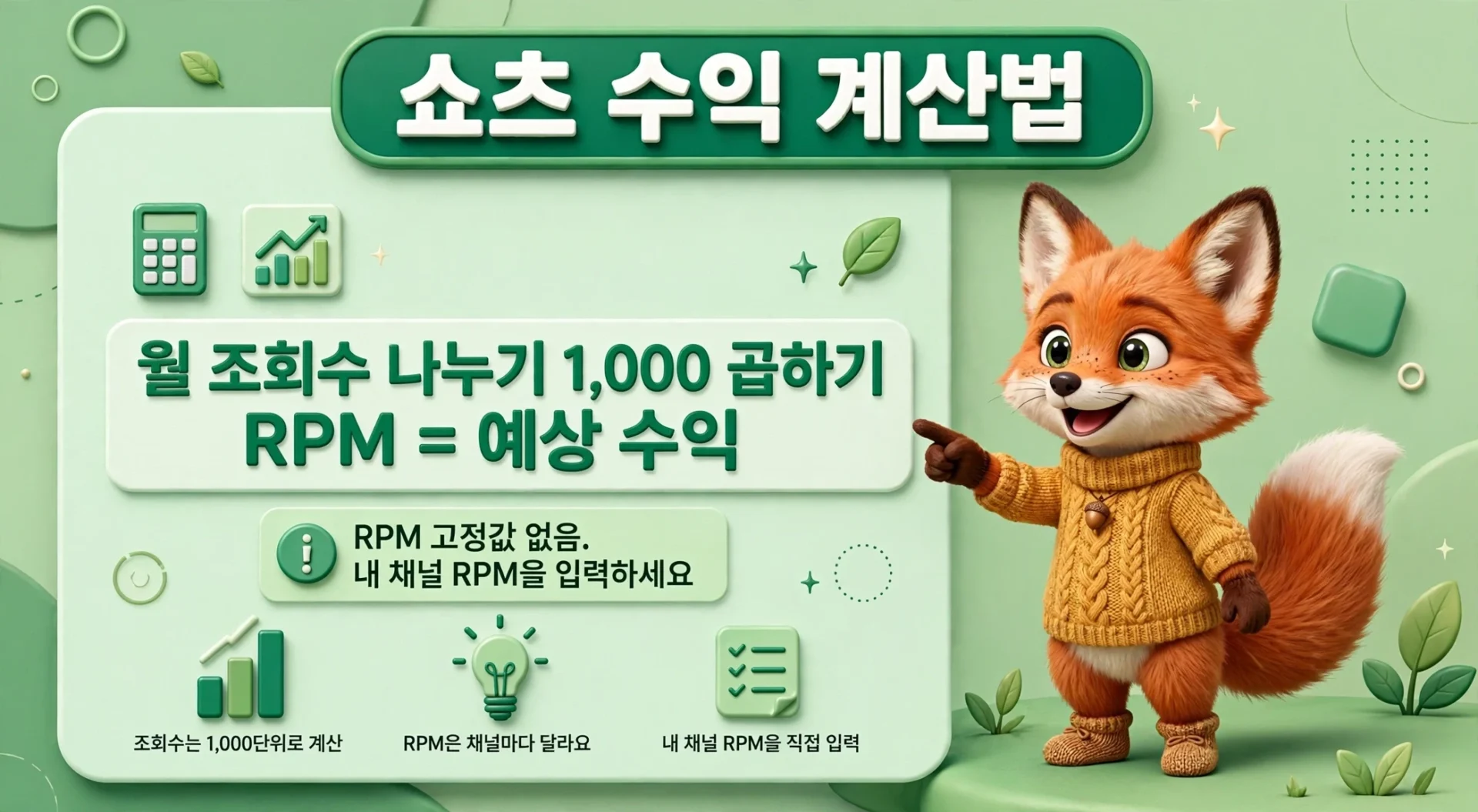 쇼츠 수익 계산법 — 월 조회수 나누기 1,000 곱하기 RPM